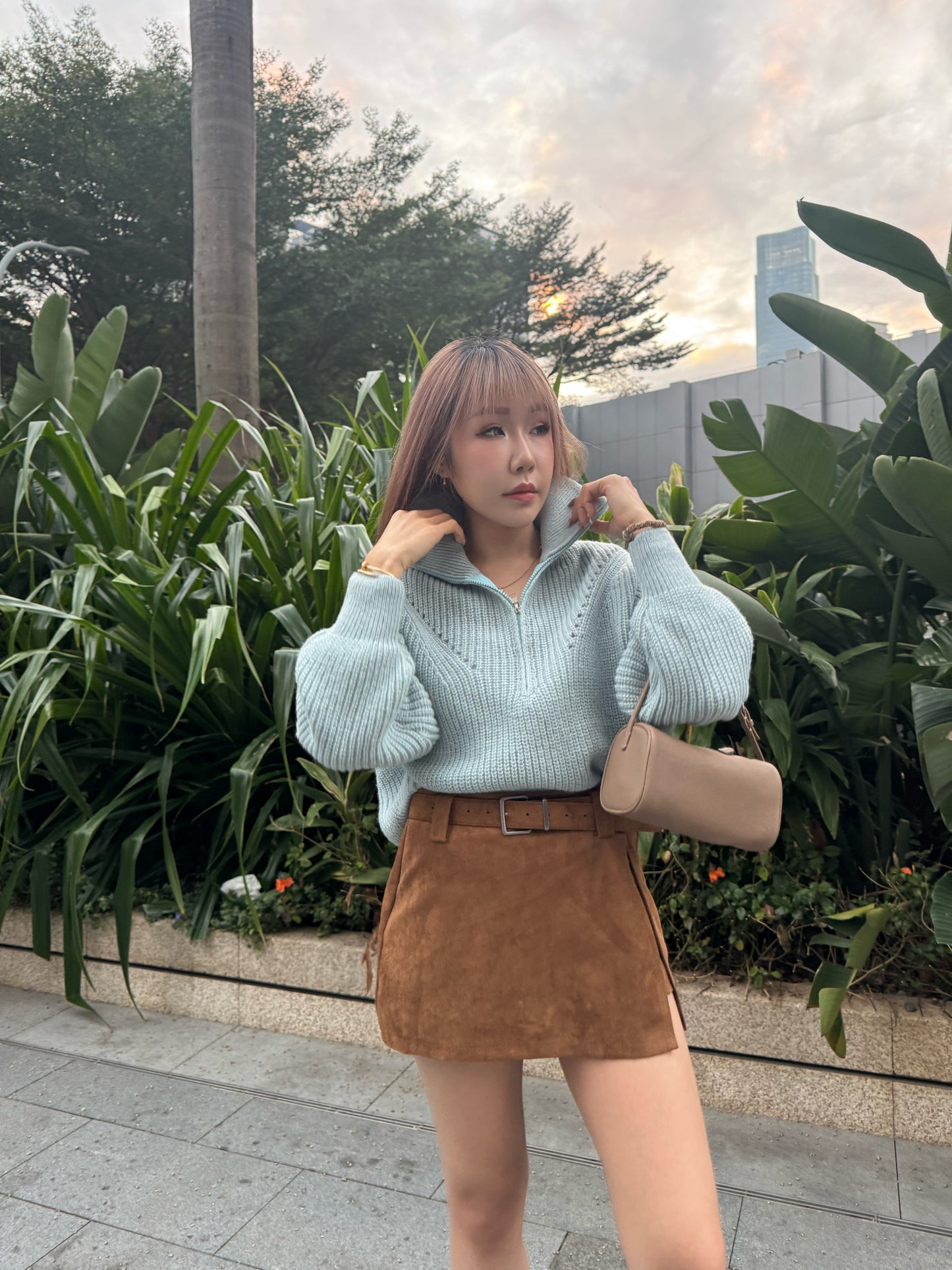 連BELT麂布開叉裙褲 ( 灰/啡 )