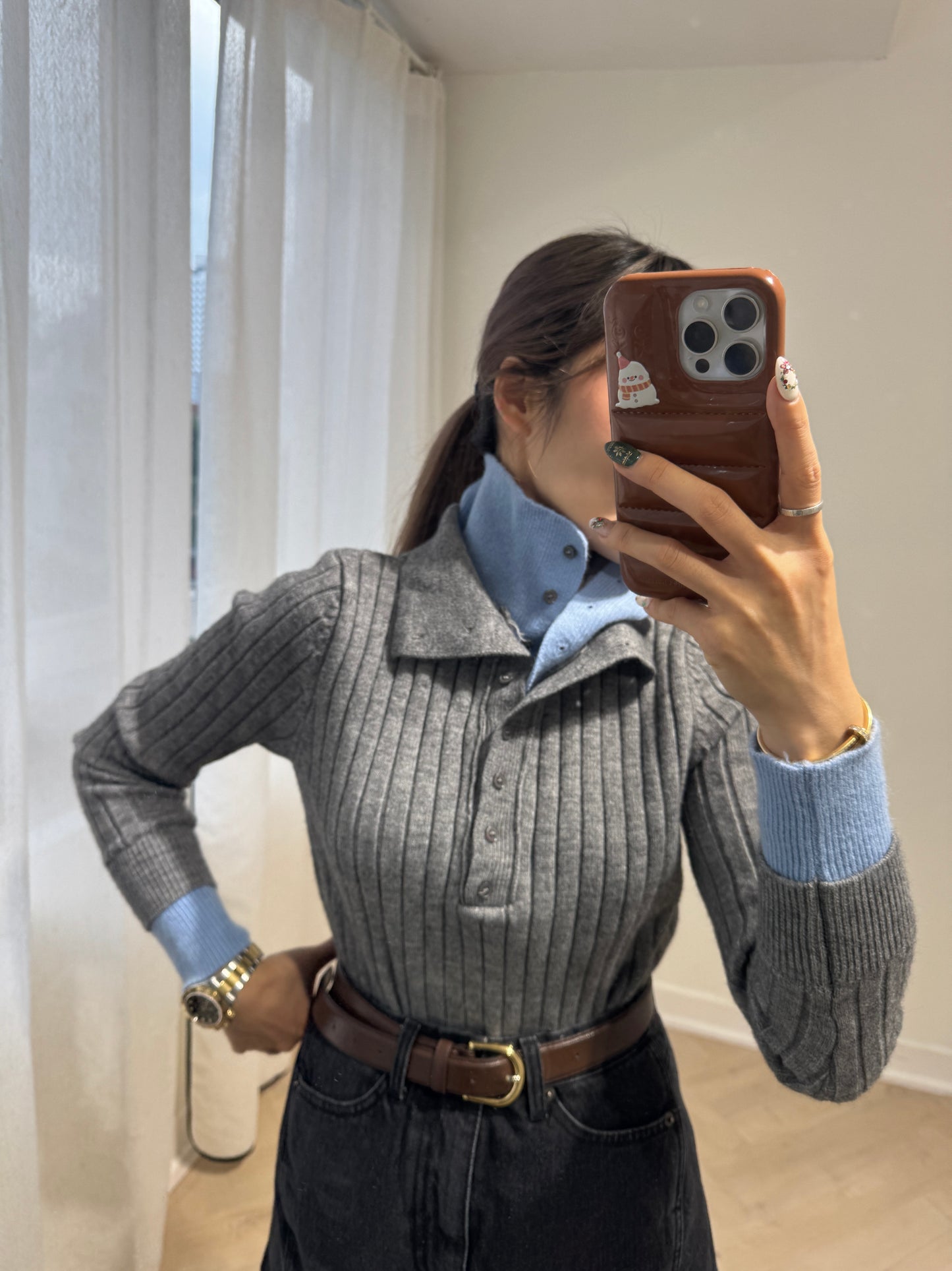 藍併灰直紋假兩件上衣