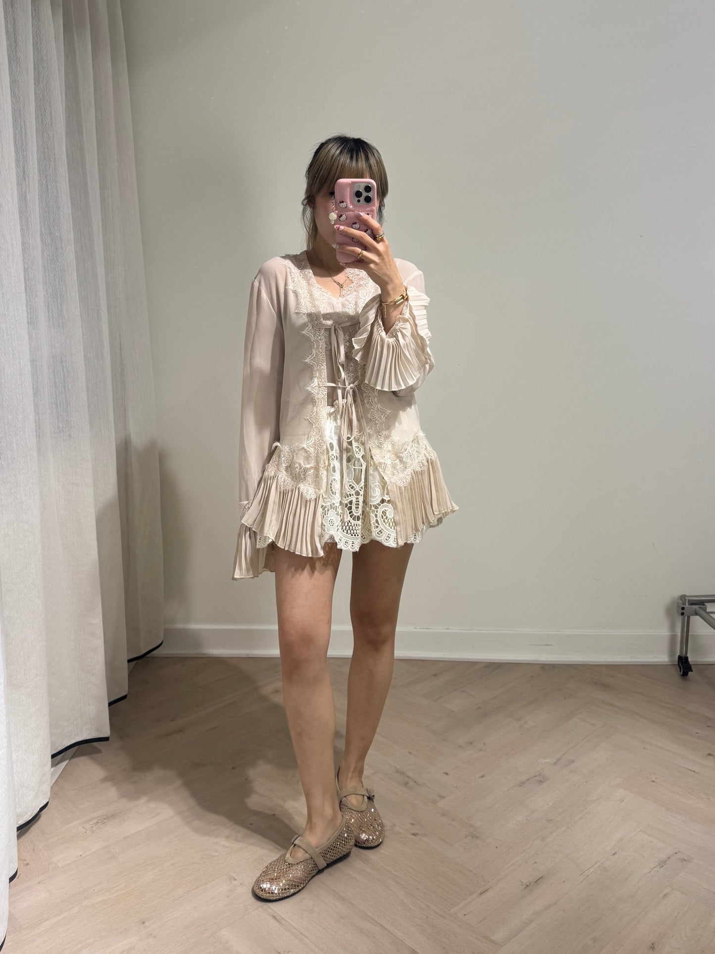 百摺雪紡拼LACE粉杏色套裝