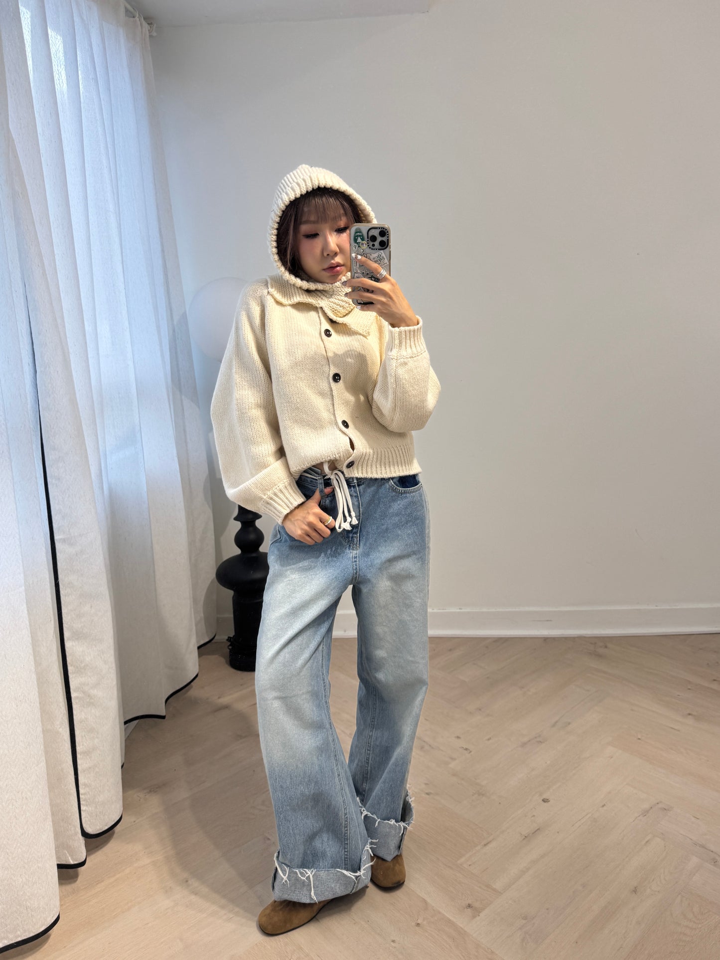 連冷帽鈕扣冷外套套裝 ( 灰/米白/黑 )