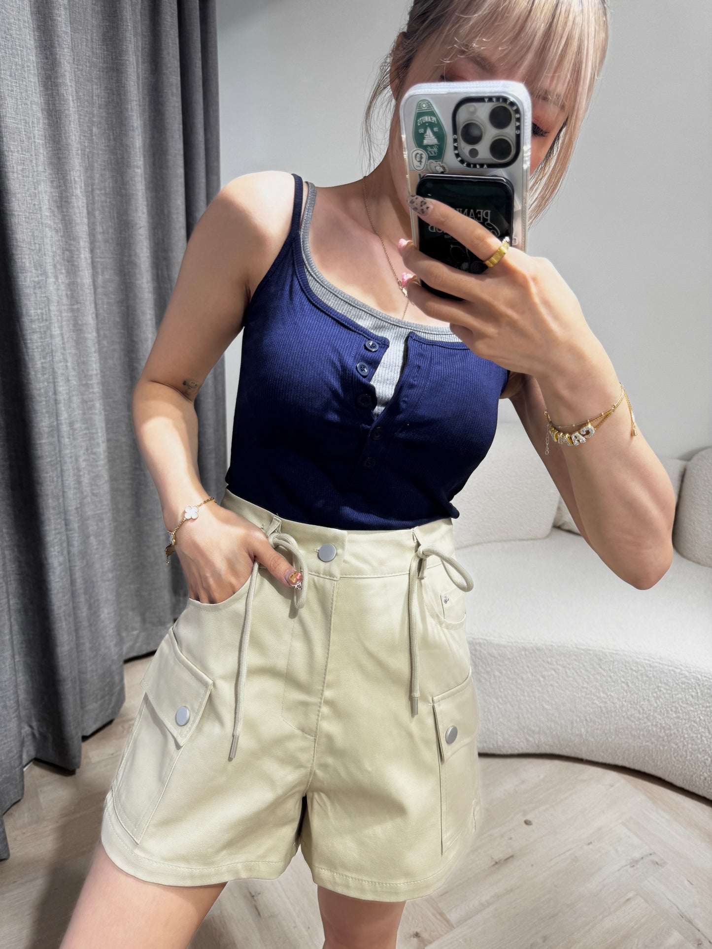 索繩口袋短褲 ( 白/杏 )