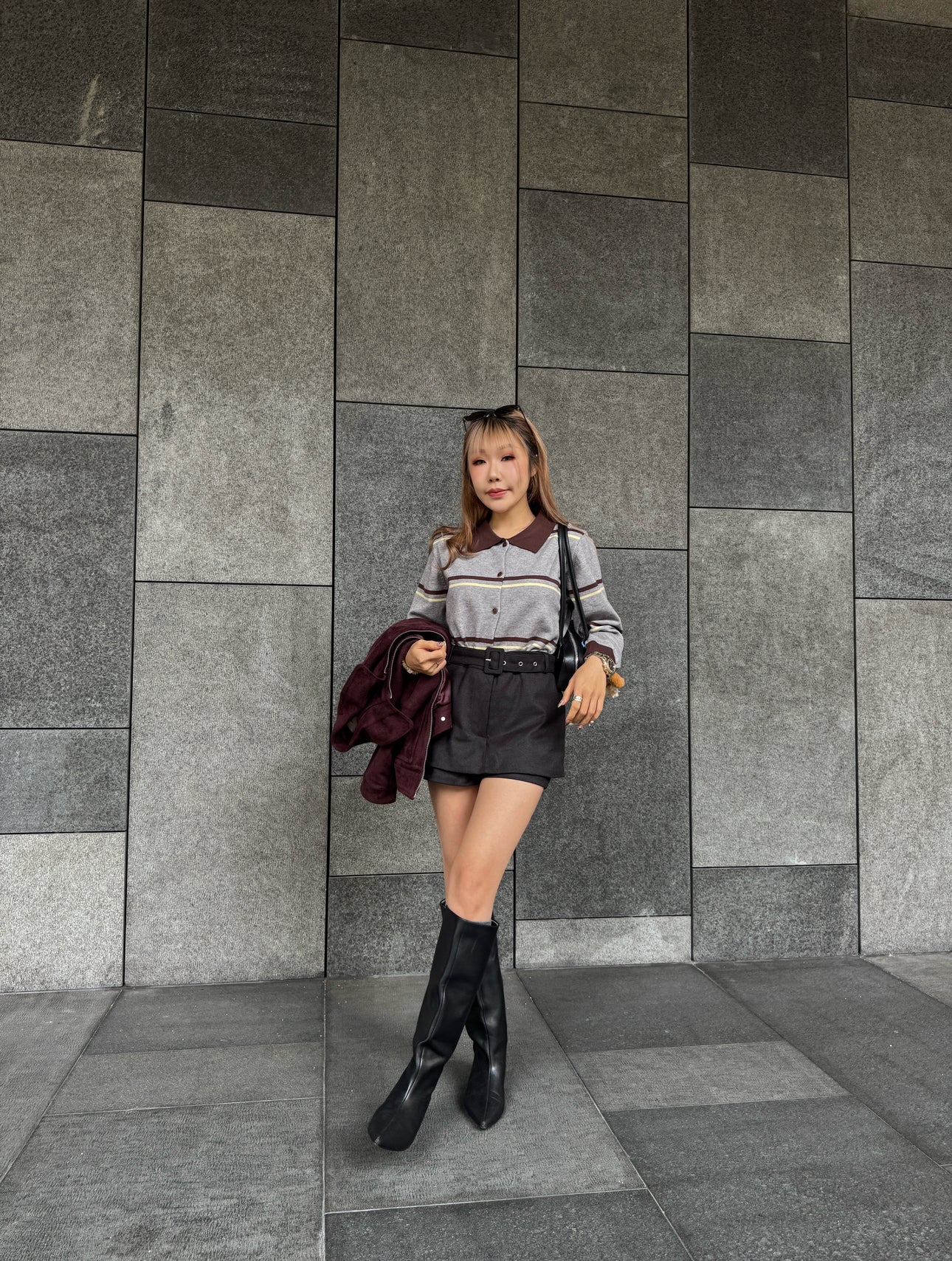 併領間條上衣外套 ( 灰/啡 )