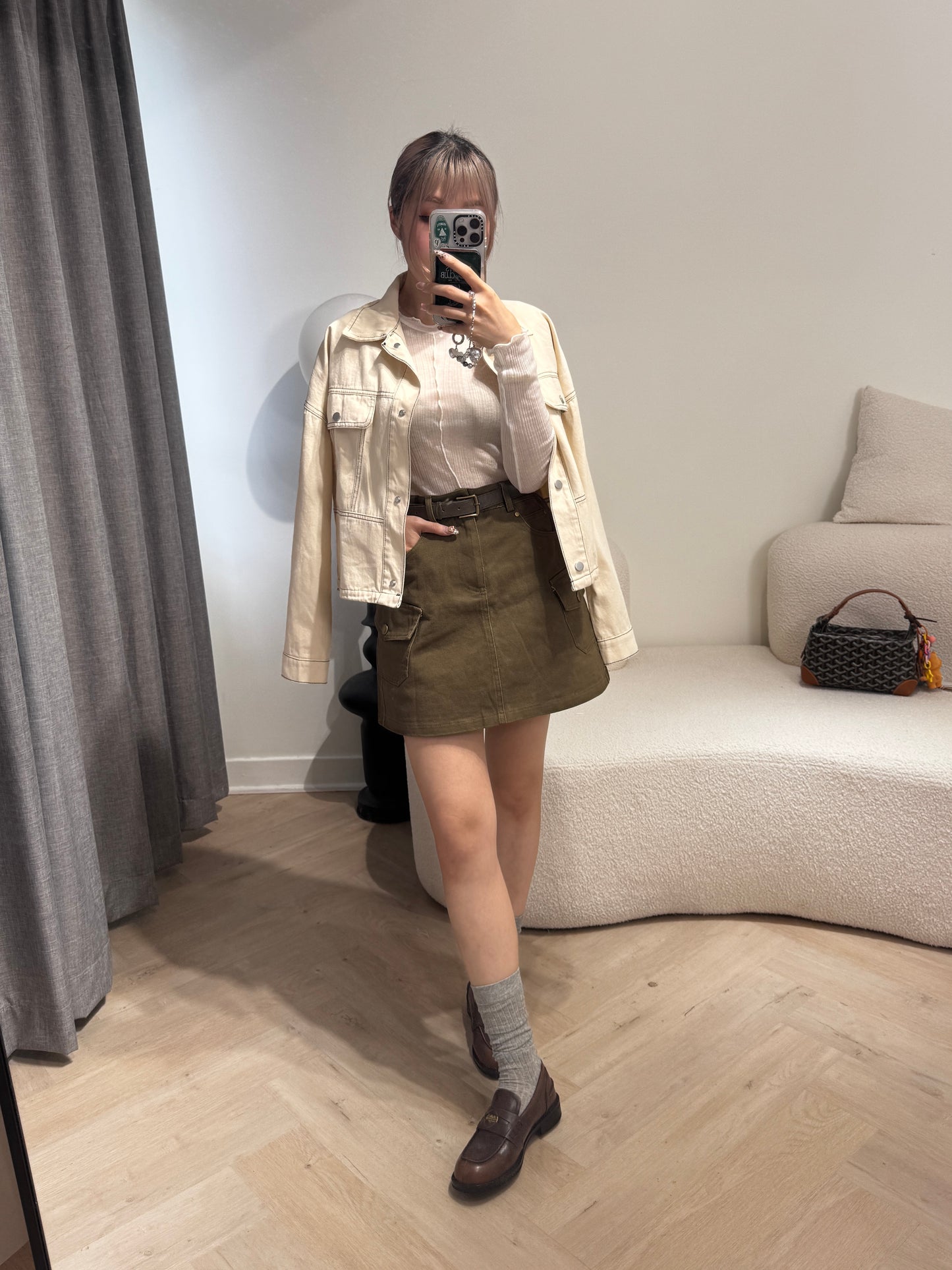 明線薄斜布外套 ( 黑/米 )