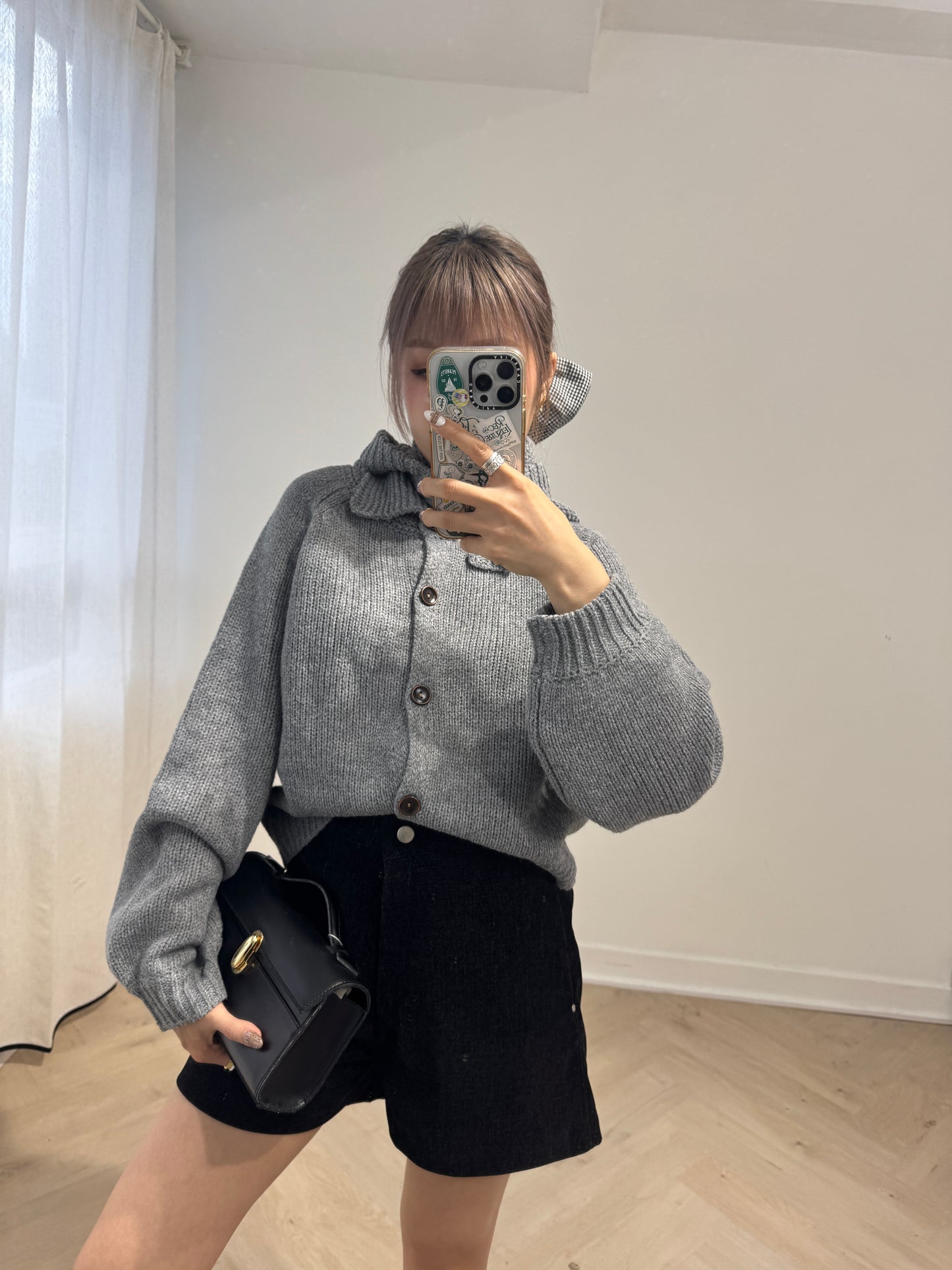 連冷帽鈕扣冷外套套裝 ( 灰/米白/黑 )