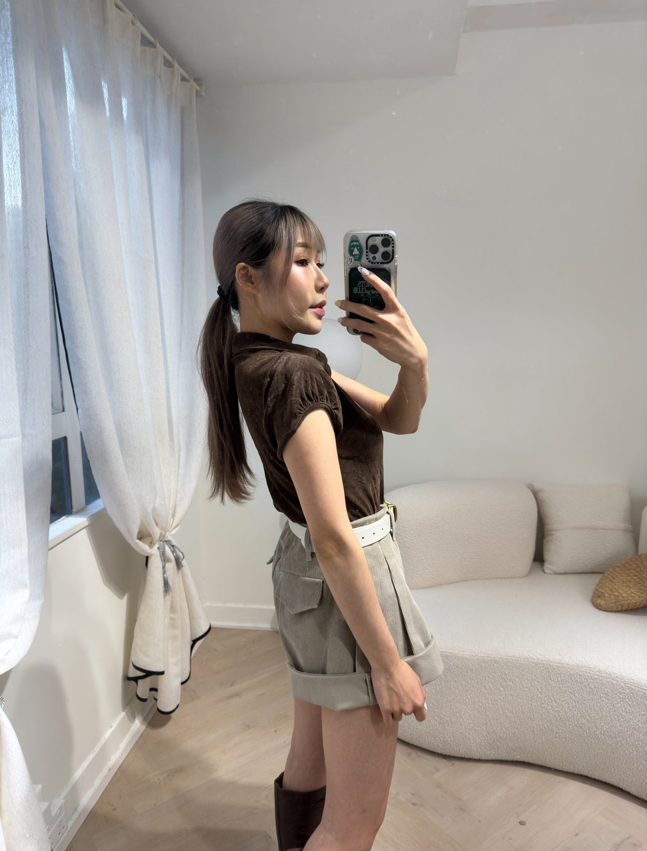 燈芯絨可反摺短褲 ( 米杏/深灰 )