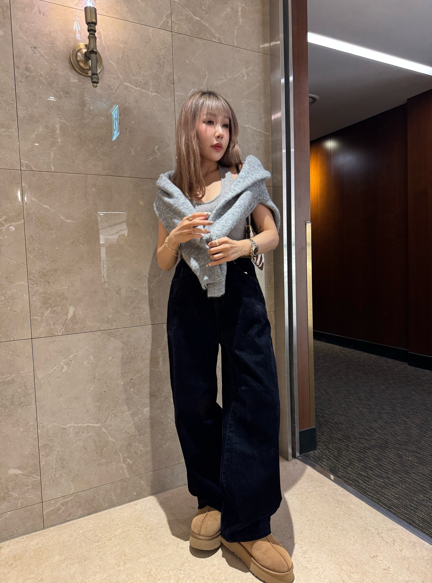 厚挺絨面長牛仔褲 ( 深啡/寶藍 )