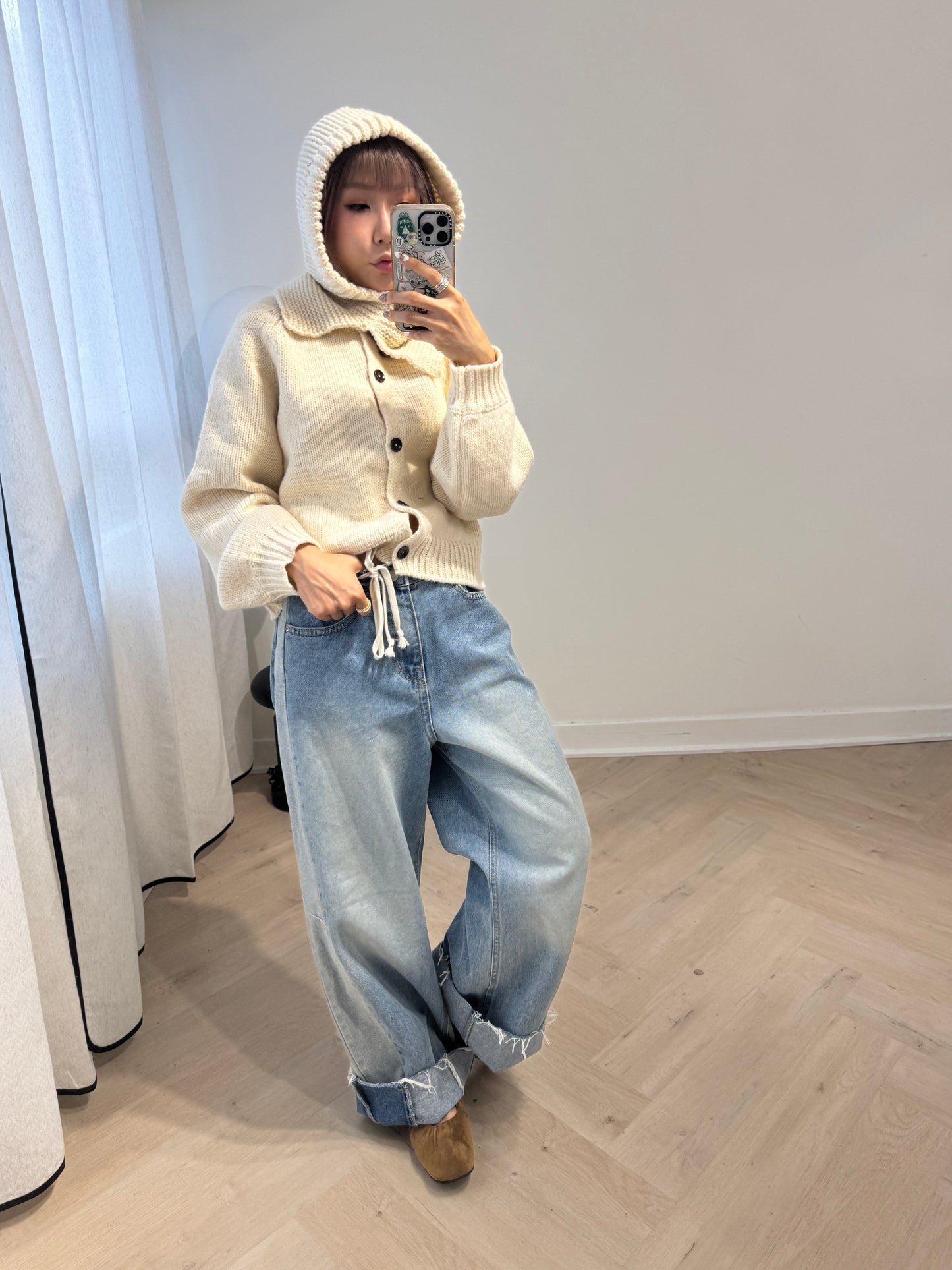 連冷帽鈕扣冷外套套裝 ( 灰/米白/黑 )