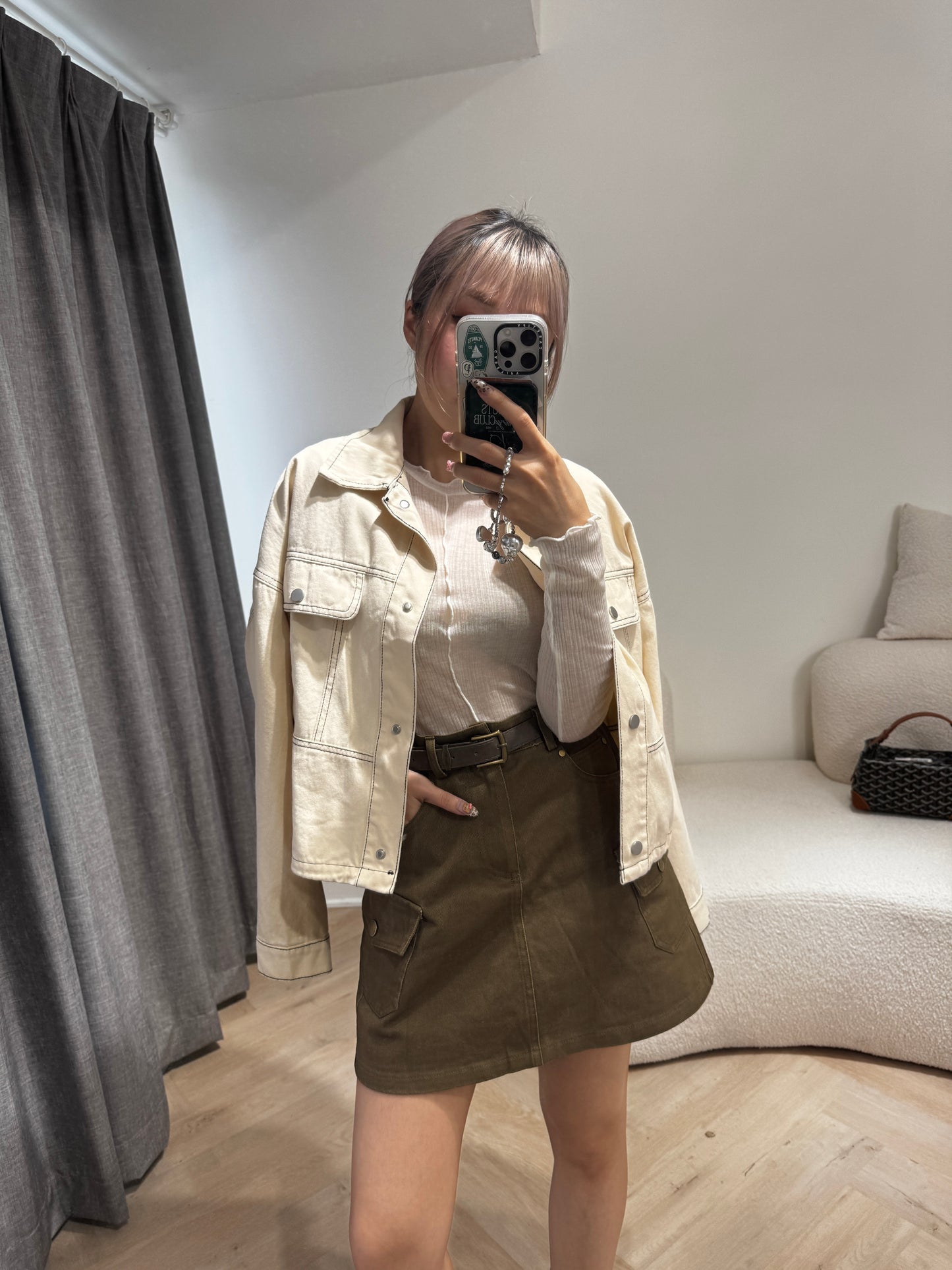 明線薄斜布外套 ( 黑/米 )