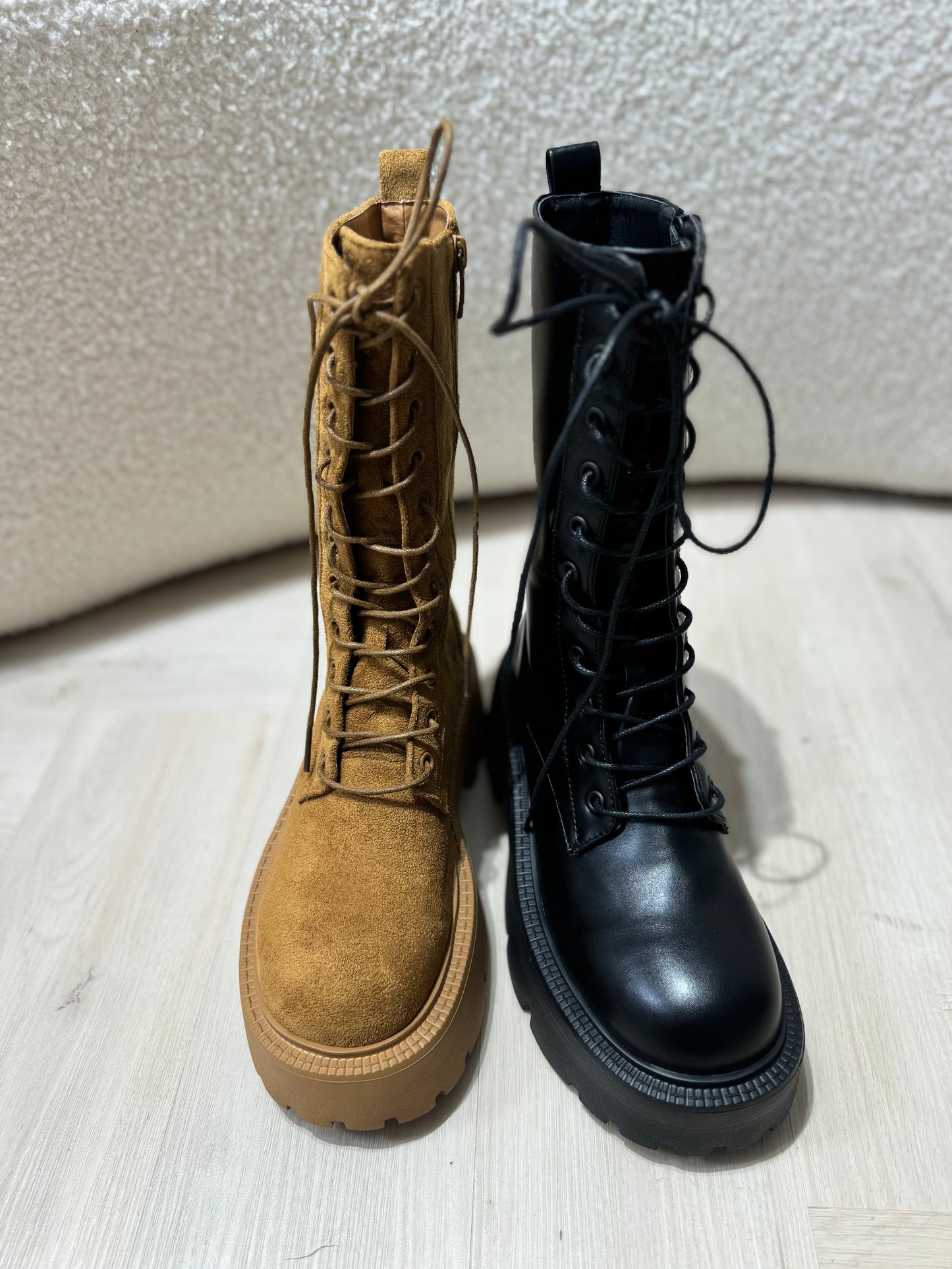 圓頭粗跟厚底BOOT ( 黑皮/啡麂 )