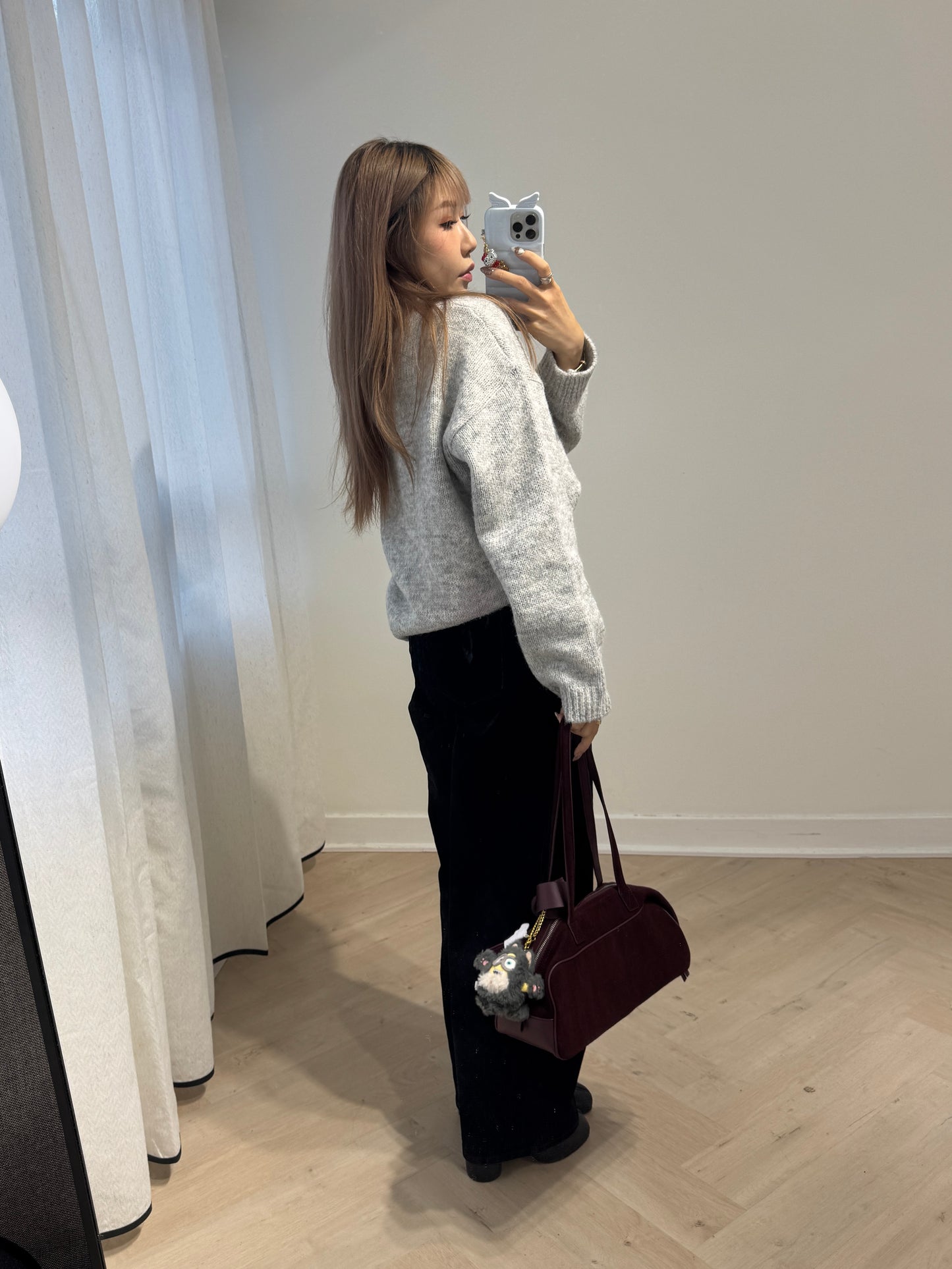 鈕扣企領混線冷衫 ( 米杏/淺灰 )