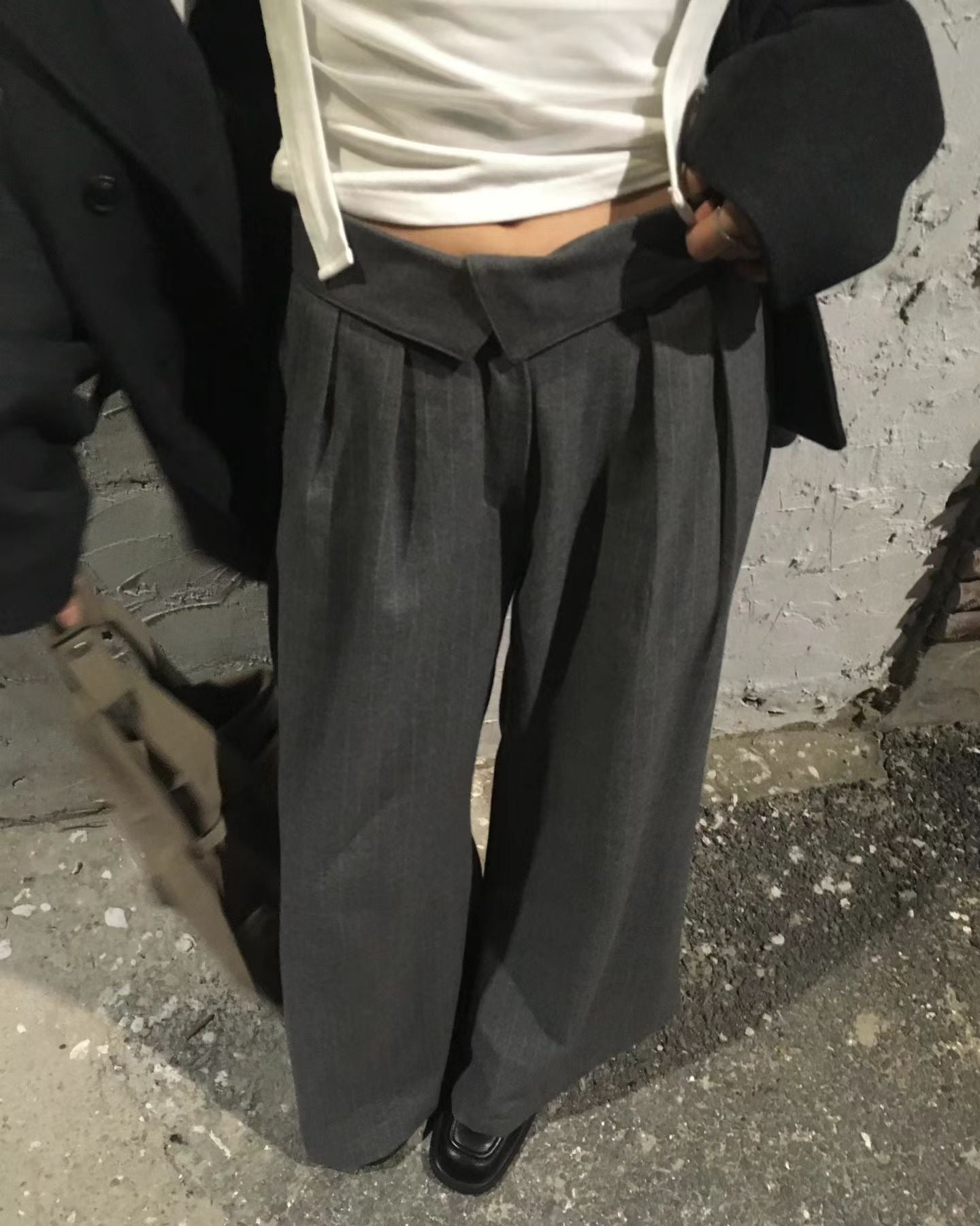 幼直紋羊毛反摺褲頭長褲 ( 灰/黑  )