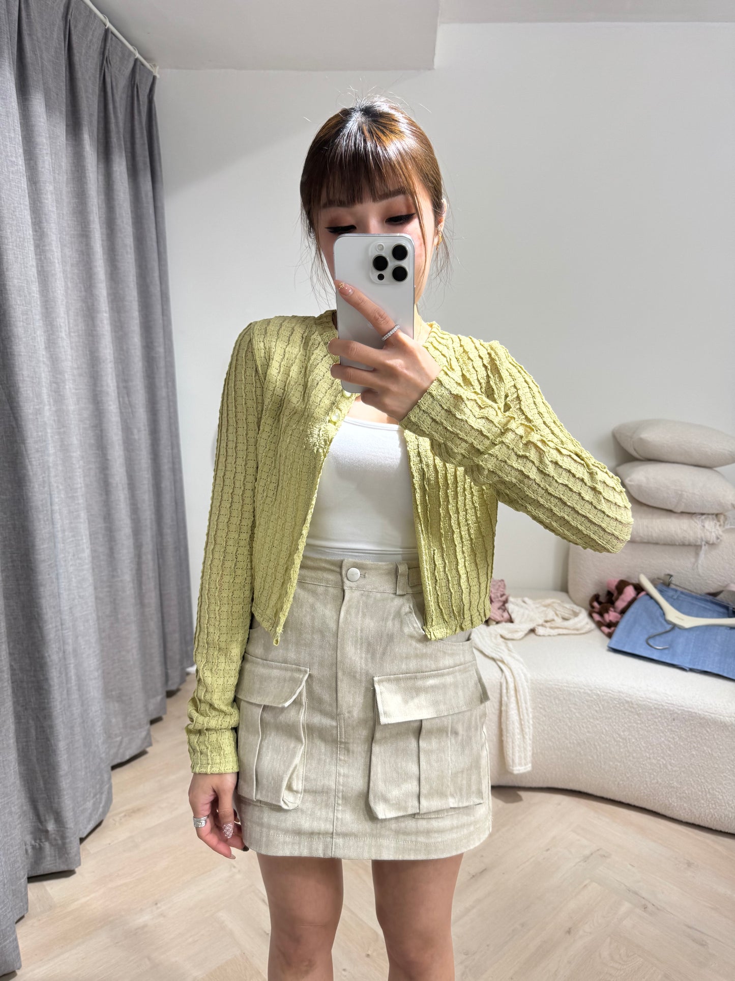 雙扣有口袋短裙褲 ( 米/藍 )