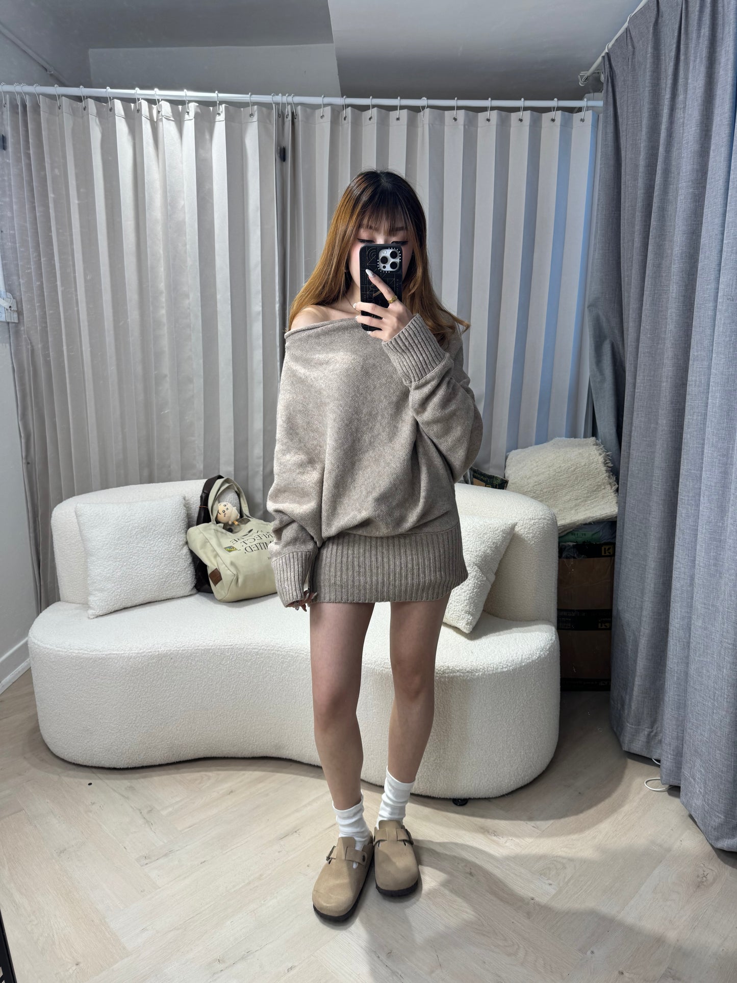 泡泡領冷上衣+短褲套裝SET ( 灰/杏 )