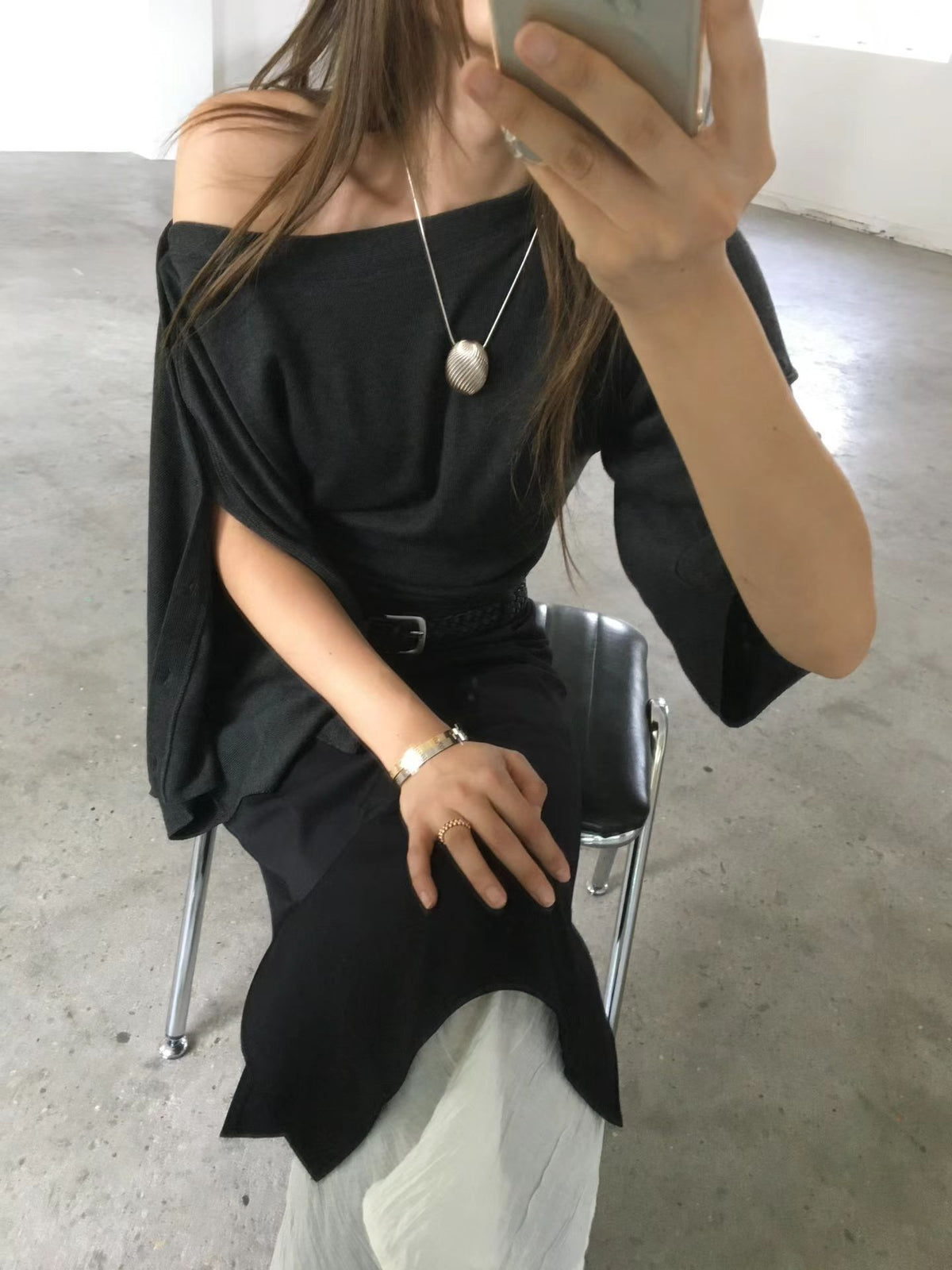 鈕扣闊袖上衣 ( 黑/白/深灰 )