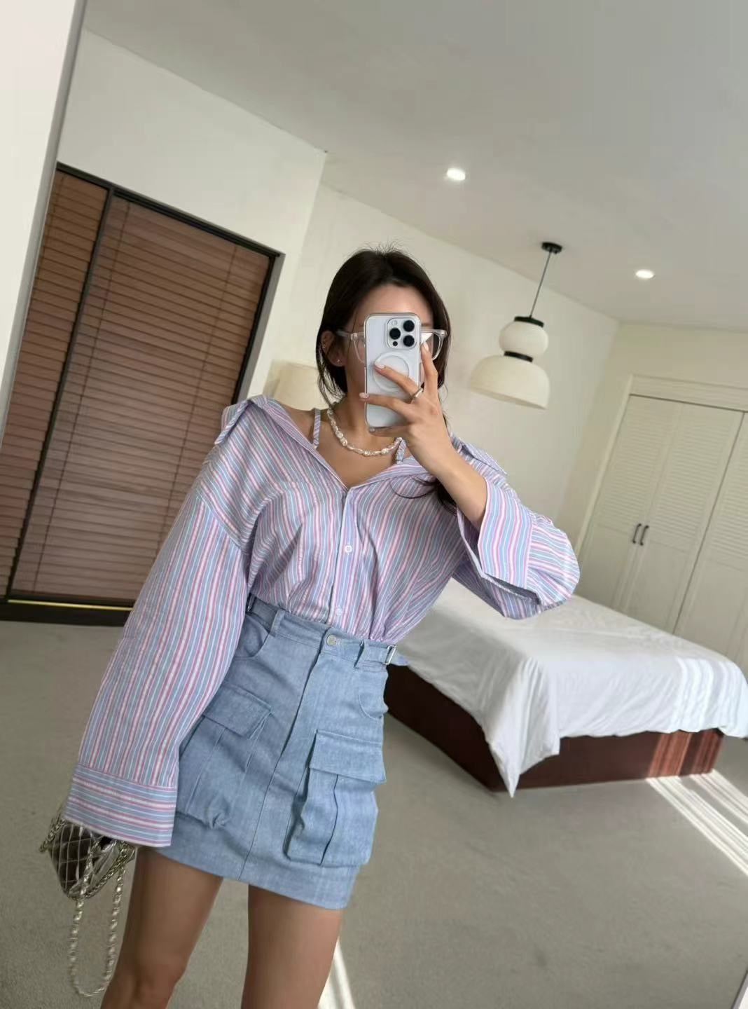 雙扣有口袋短裙褲 ( 米/藍 )