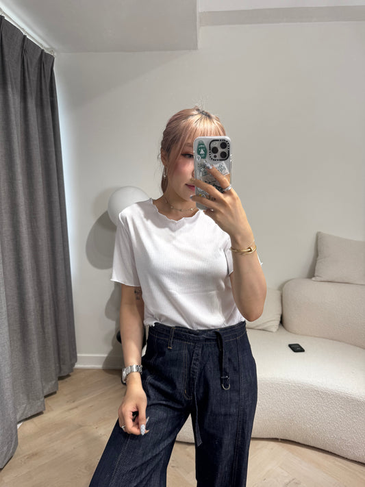 暗直紋木耳邊綿TEE ( 黑/白/粉 )