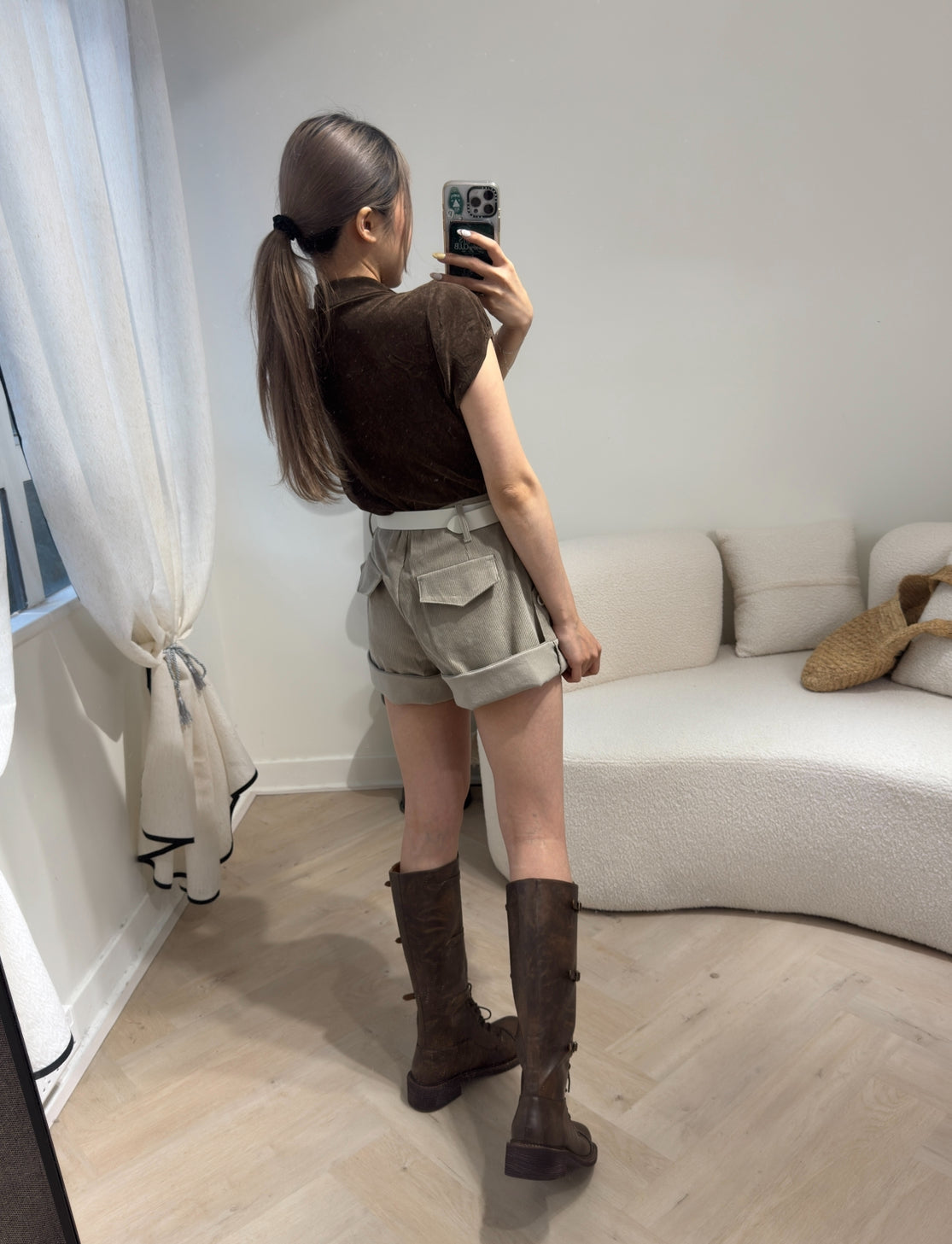 燈芯絨可反摺短褲 ( 米杏/深灰 )