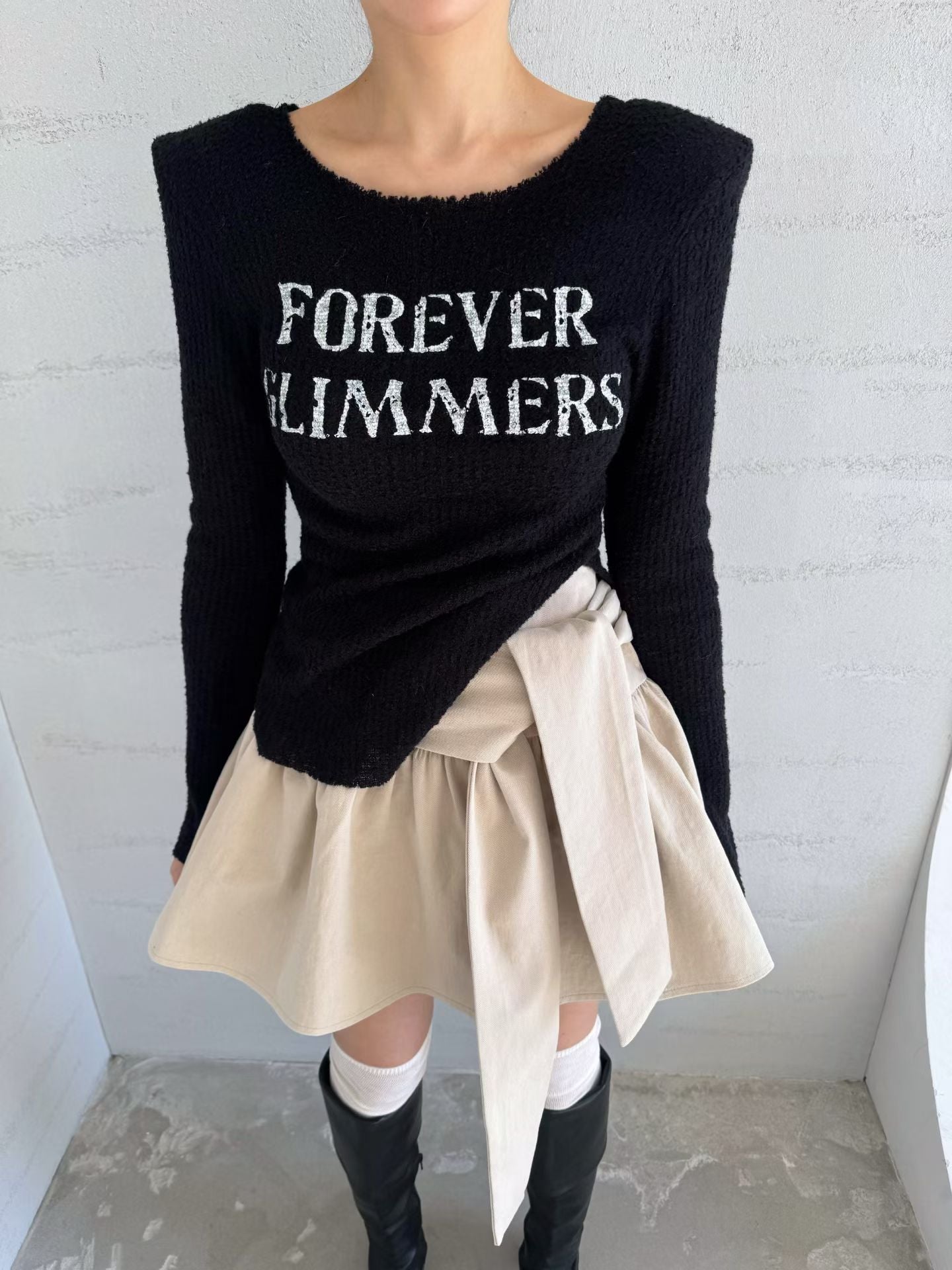 綁結傘形短裙 ( 黑/杏 )