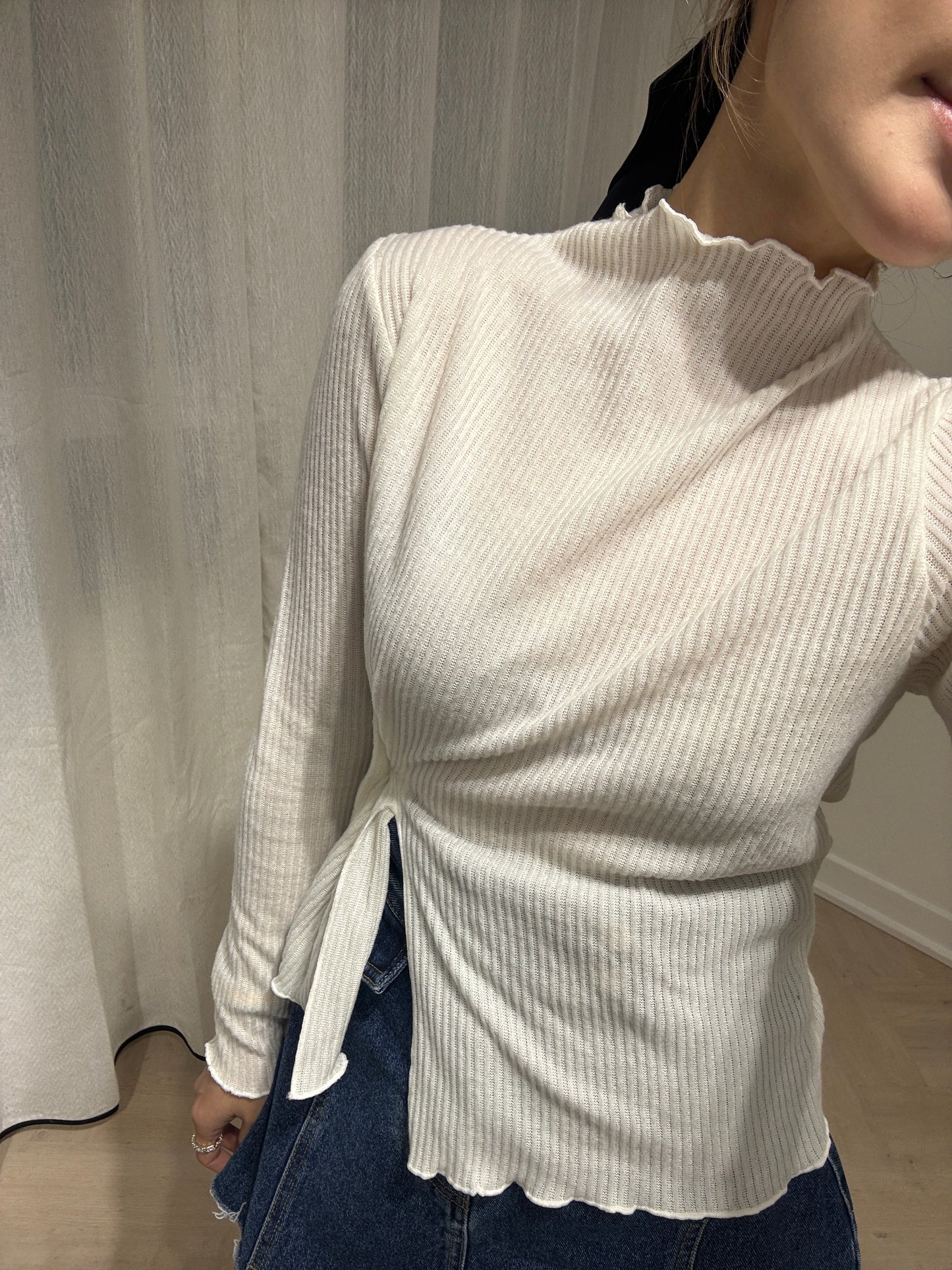 直紋木耳邊側鈕扣上衣 ( 米白/啡/深灰 )