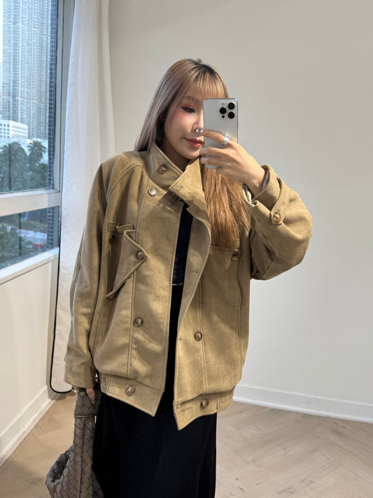 鈕扣麂布杏色外套