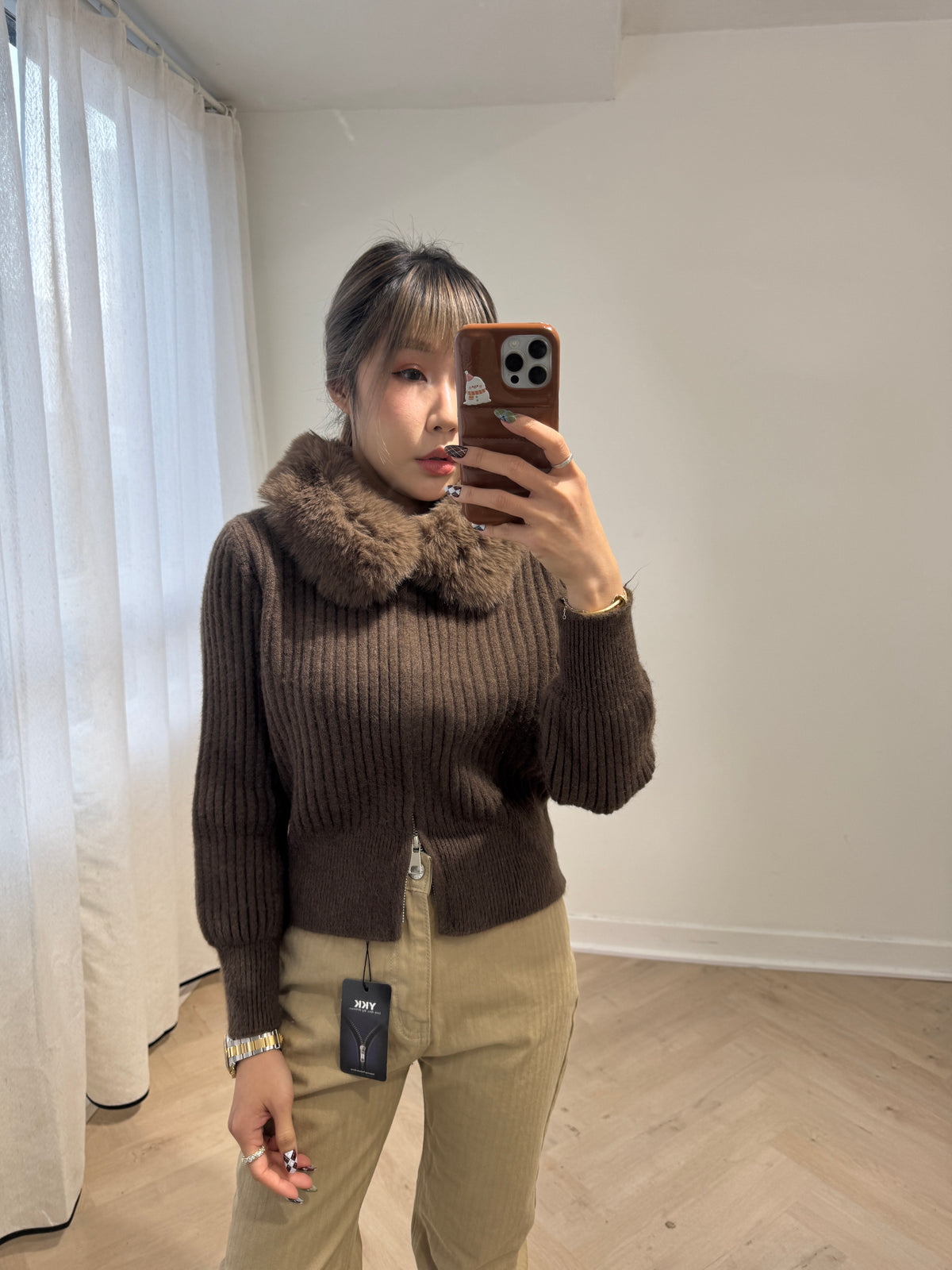 滑毛毛領拉鍊外套 ( 杏/灰/啡 )