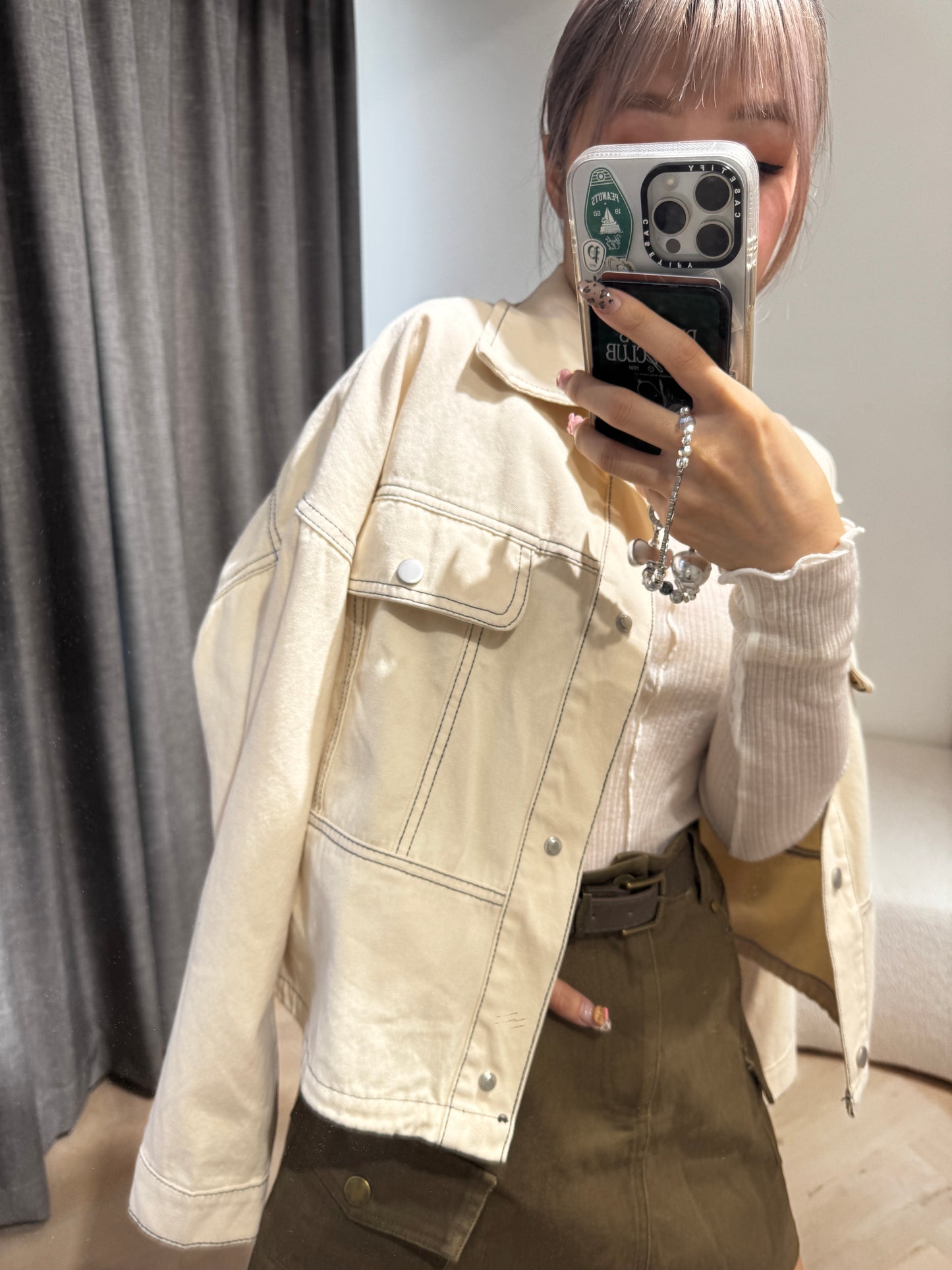 明線薄斜布外套 ( 黑/米 )