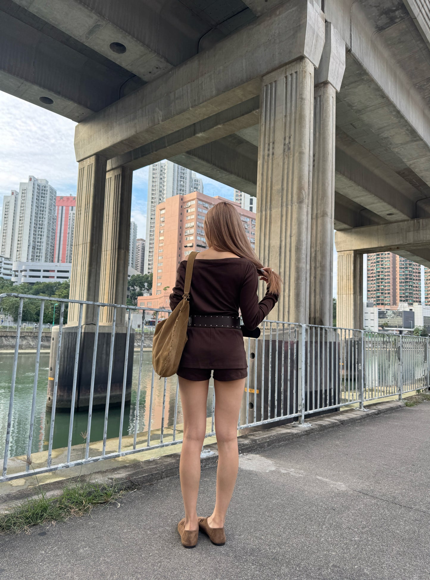 連皮帶棉質上衣 + 裙褲套裝 ( 黑/深啡 )