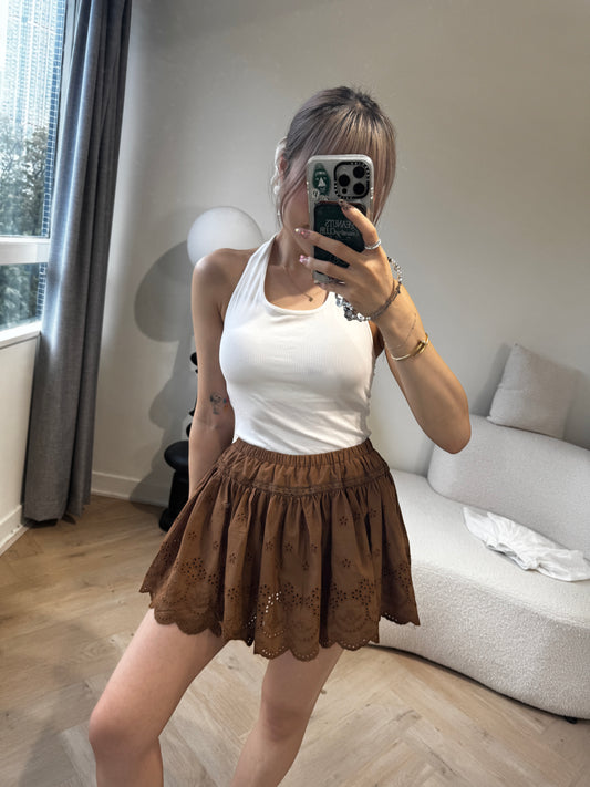 勾花波浪邊短裙 ( 白/啡 )