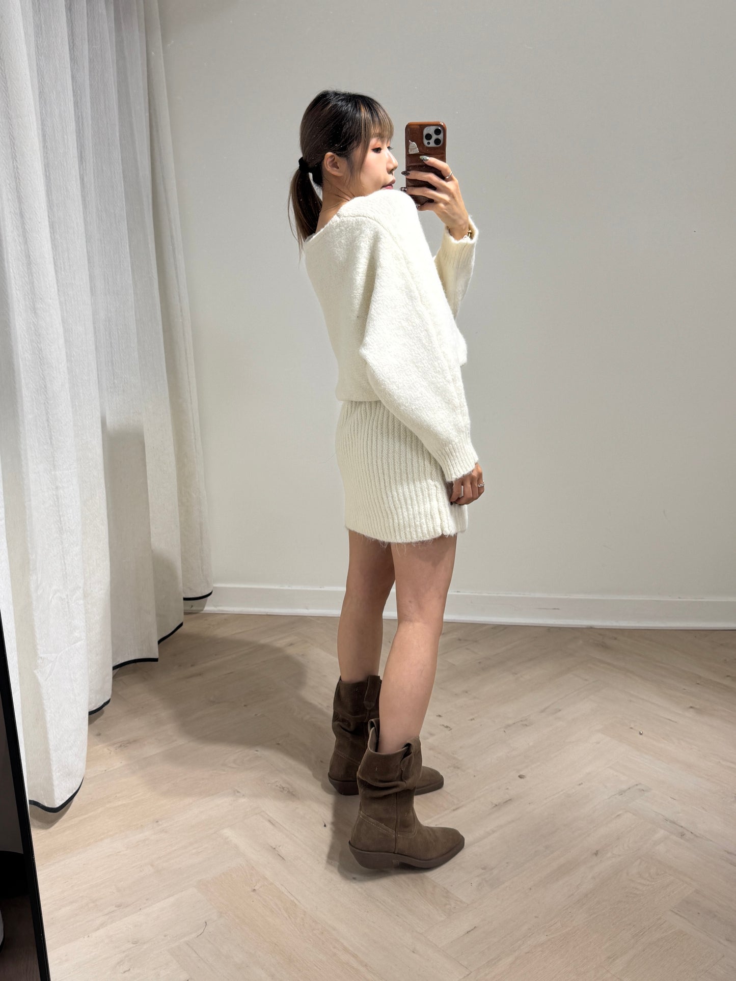 連皮帶冷線連衣裙 ( 灰/米白/啡 )