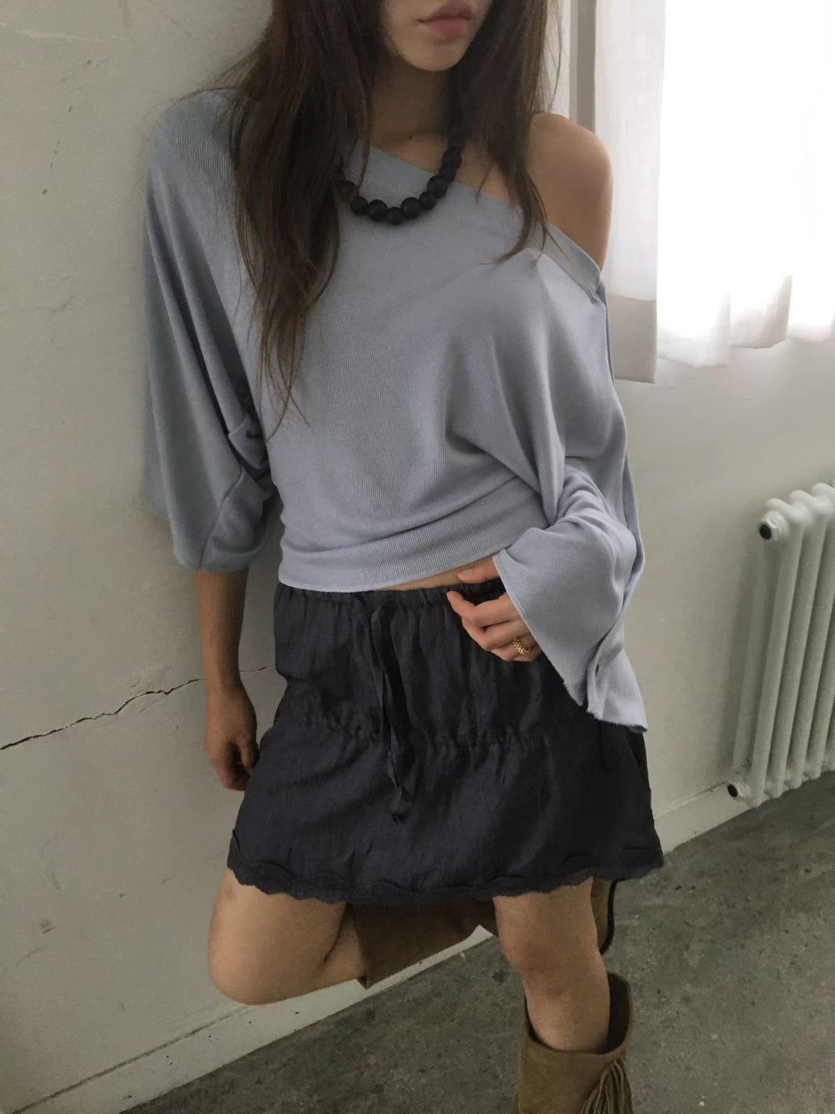 鈕扣闊袖上衣 ( 黑/白/深灰 )