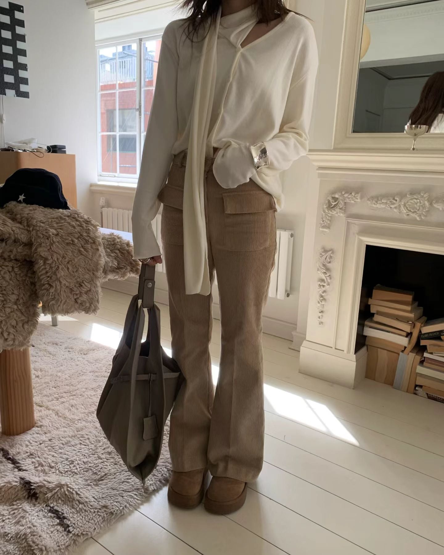 雙口袋燈芯絨喇叭長褲 ( 寶藍/杏 )