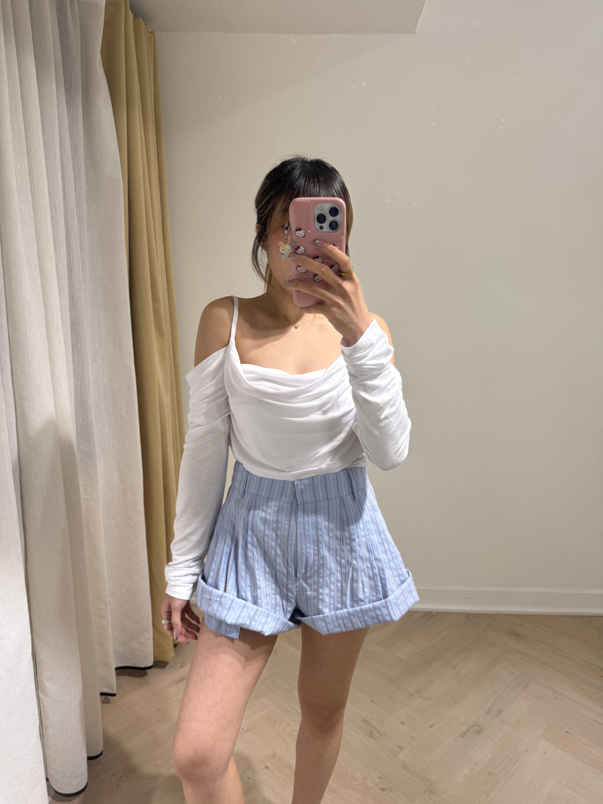 直紋反摺短褲 ( 杏/藍/啡 )