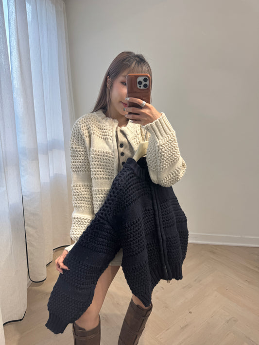 暗波紋拉鍊冷線外套 ( 米/深藍 )