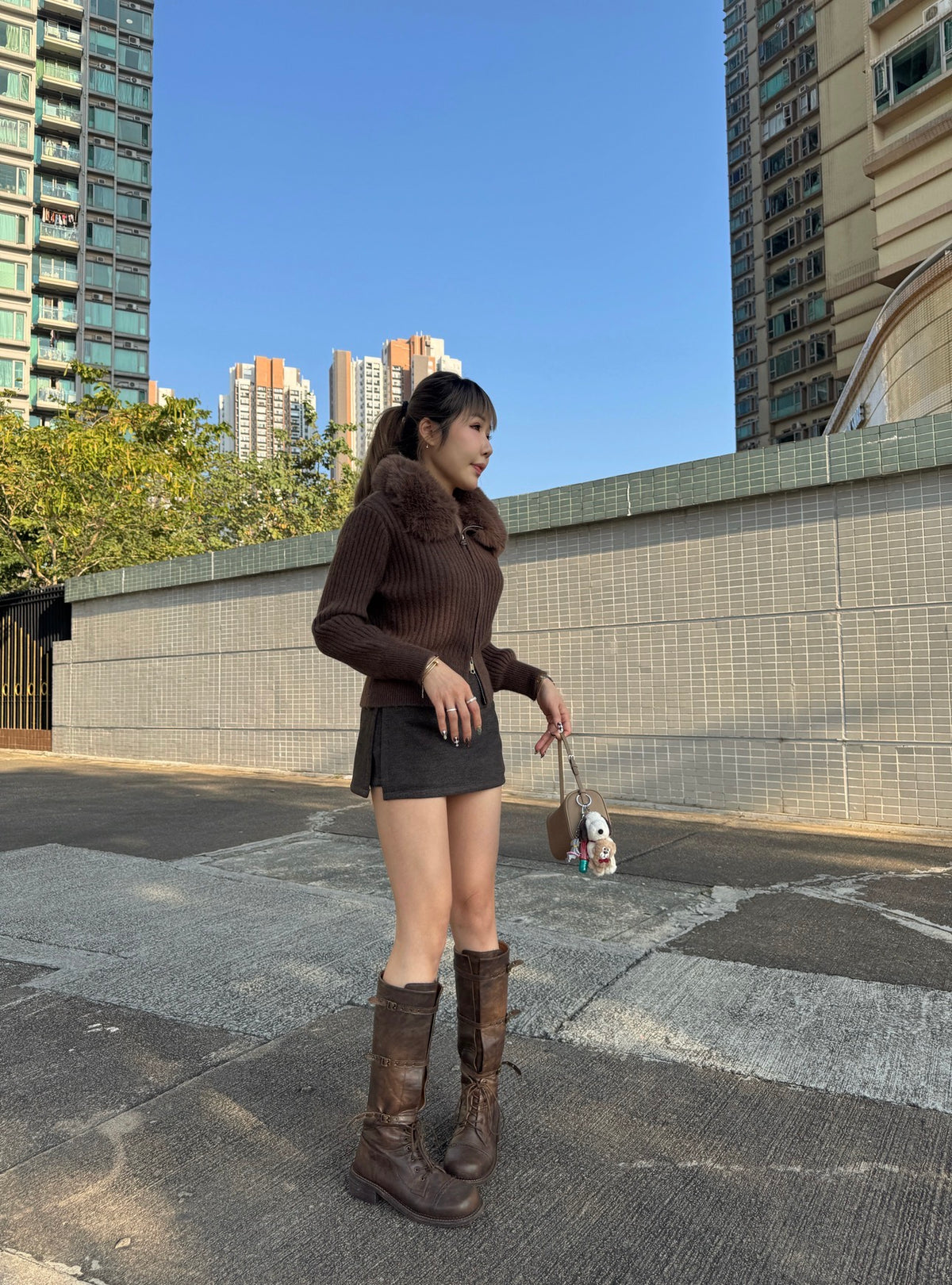 滑毛毛領拉鍊外套 ( 杏/灰/啡 )