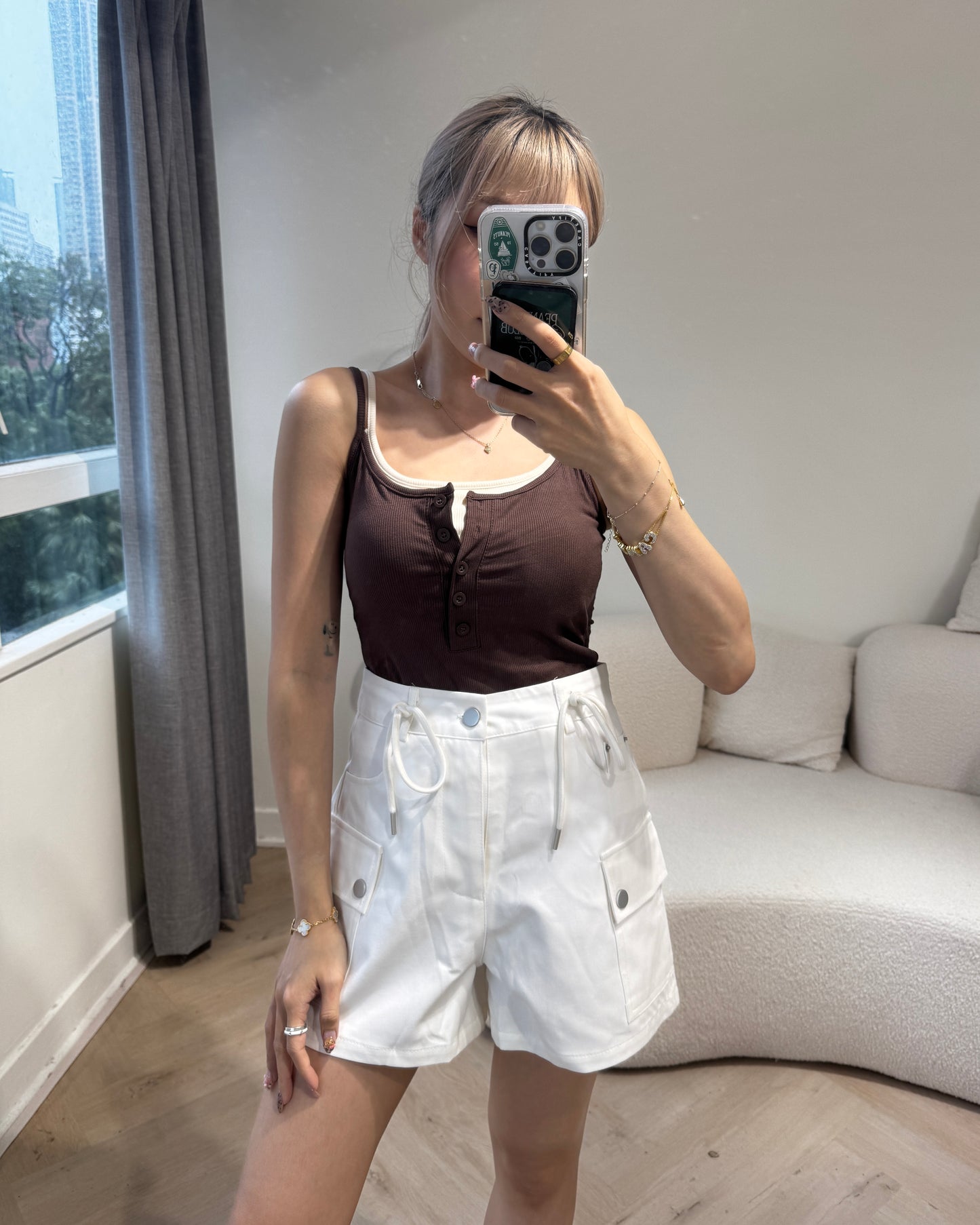 索繩口袋短褲 ( 白/杏 )