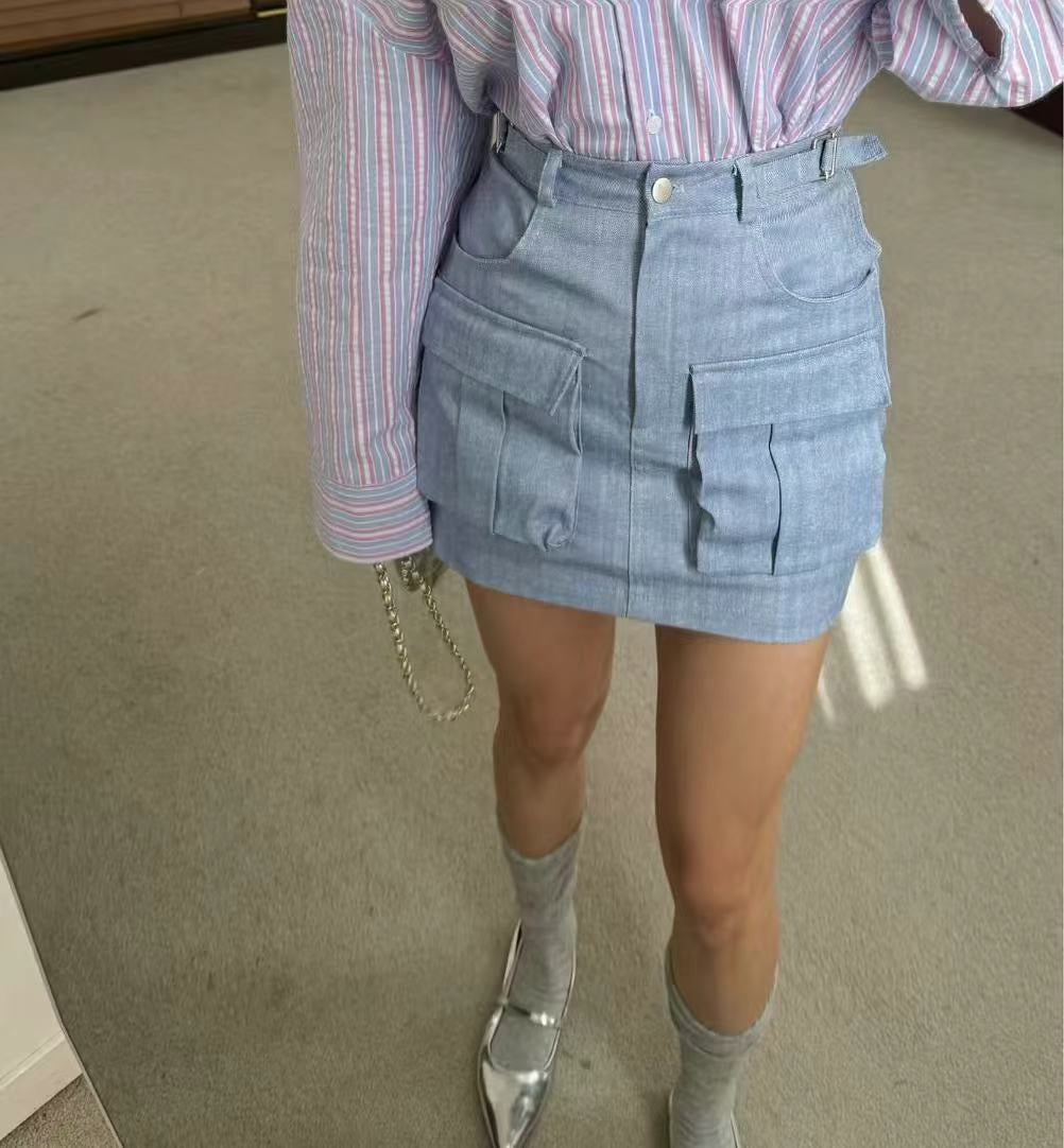 雙扣有口袋短裙褲 ( 米/藍 )