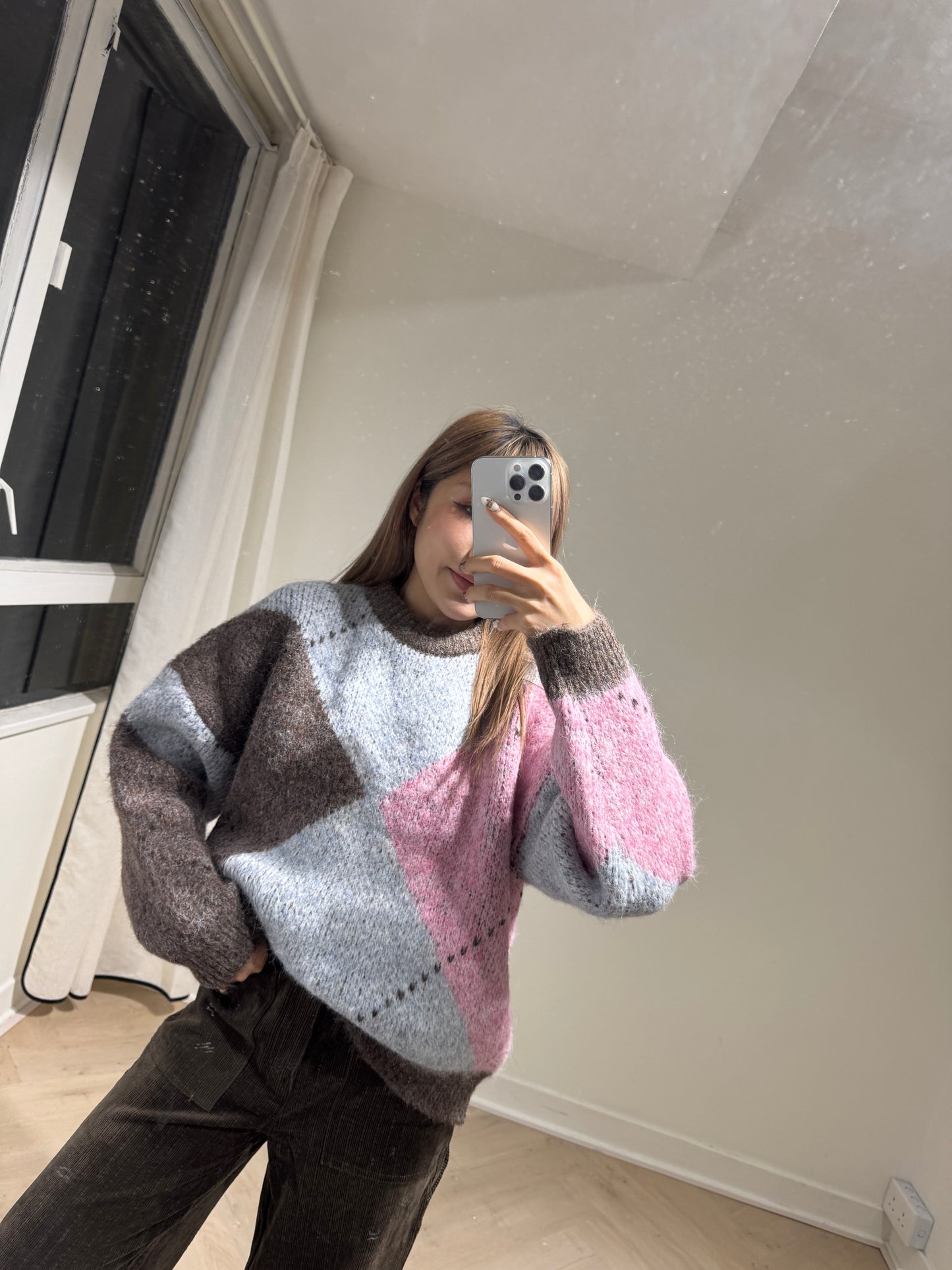 菱格虛線冷衫 ( 粉/黃 )