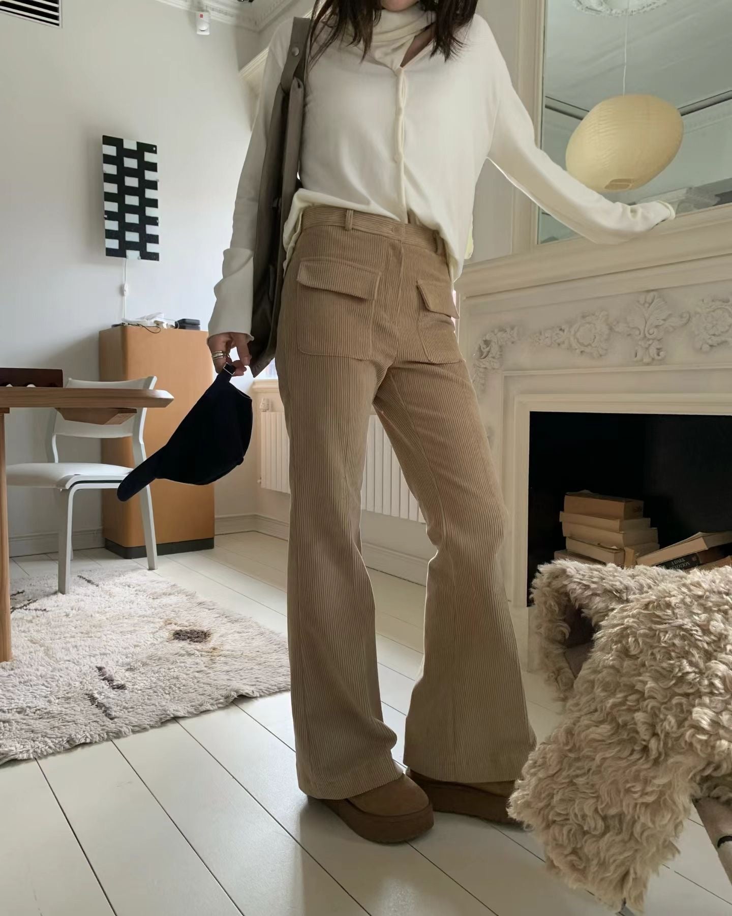 雙口袋燈芯絨喇叭長褲 ( 寶藍/杏 )