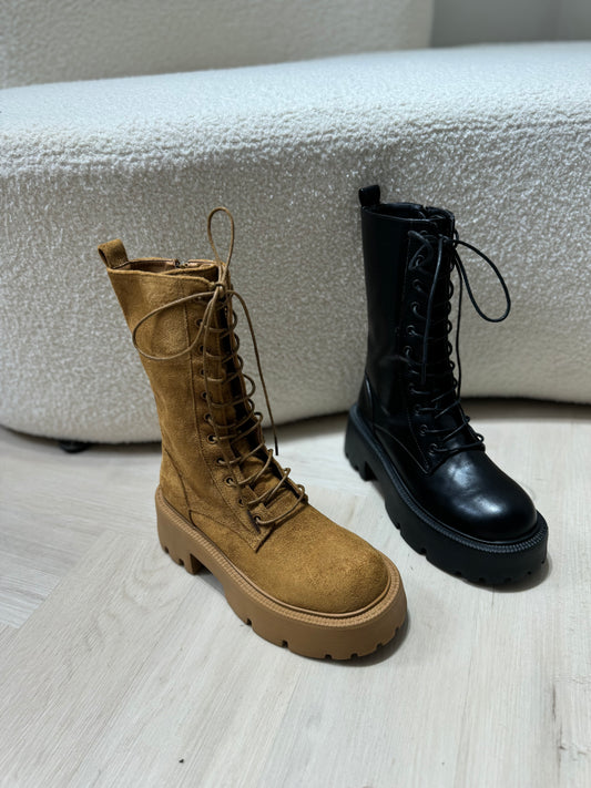 圓頭粗跟厚底BOOT ( 黑皮/啡麂 )