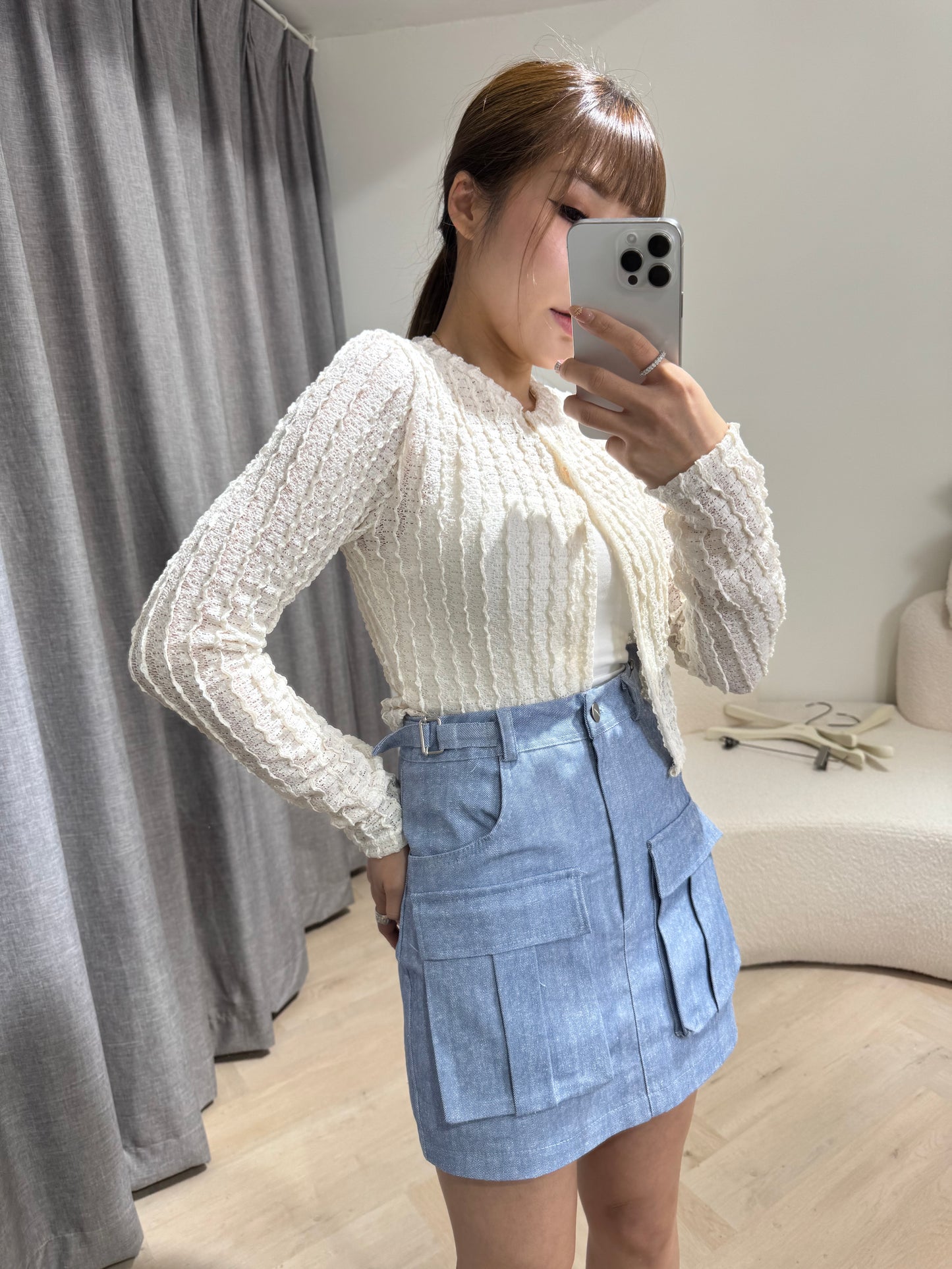 雙扣有口袋短裙褲 ( 米/藍 )