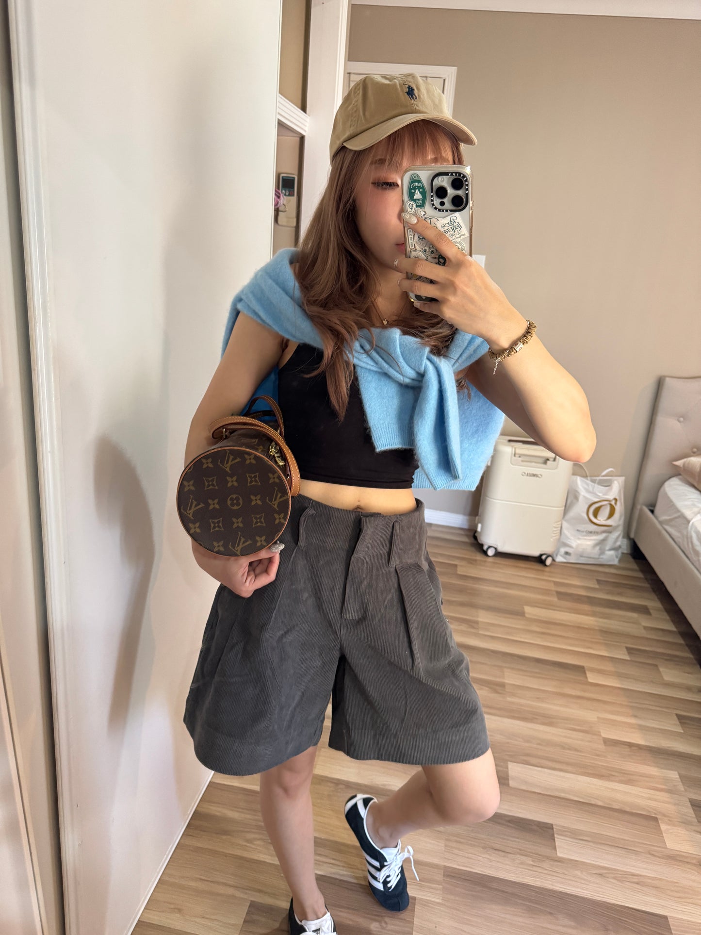 燈芯絨可反摺短褲 ( 米杏/深灰 )