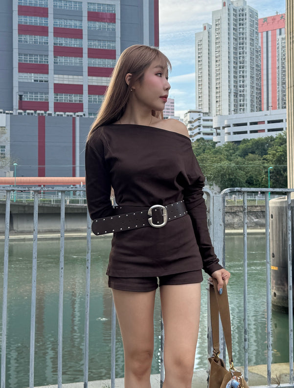 連皮帶棉質上衣 + 裙褲套裝 ( 黑/深啡 )