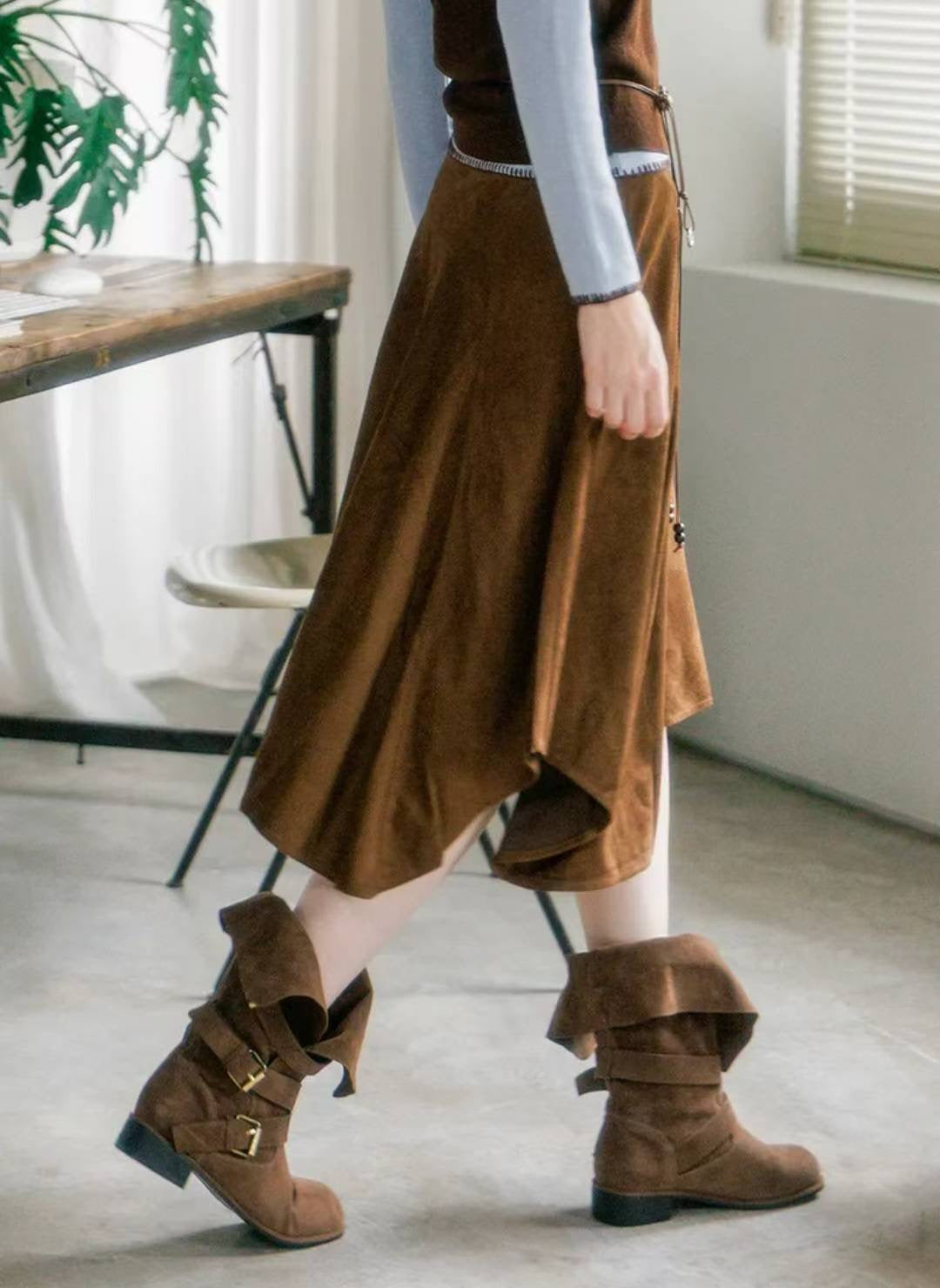 麂布連腰繩不規則長裙 ( 深啡/淺啡 )
