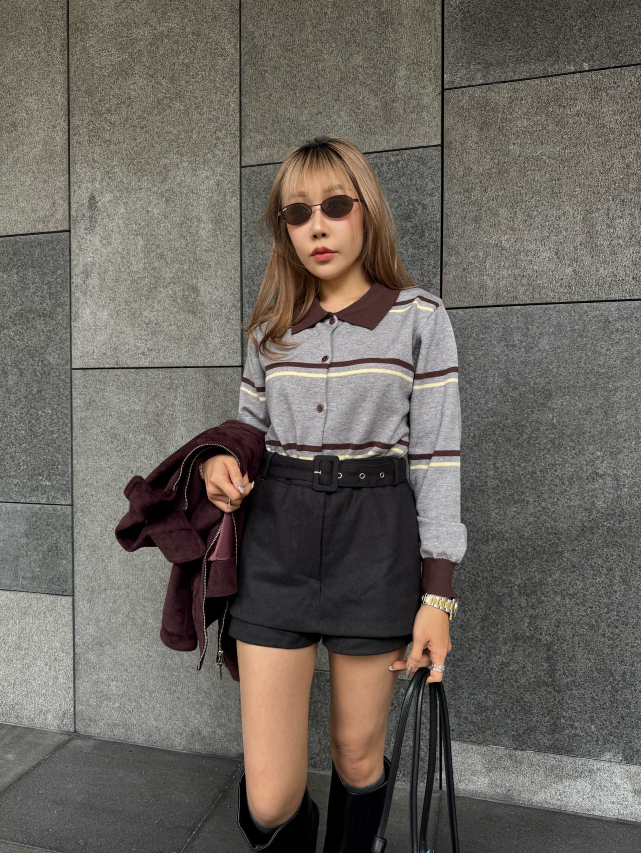 併領間條上衣外套 ( 灰/啡 )