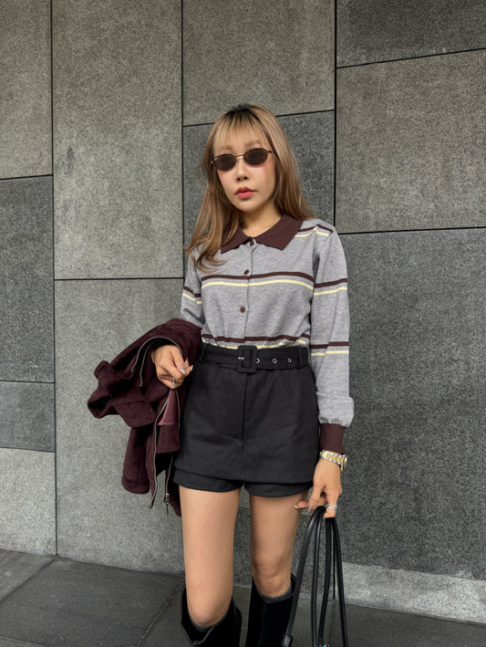 連腰帶絨面裙褲 ( 深灰/深啡 )