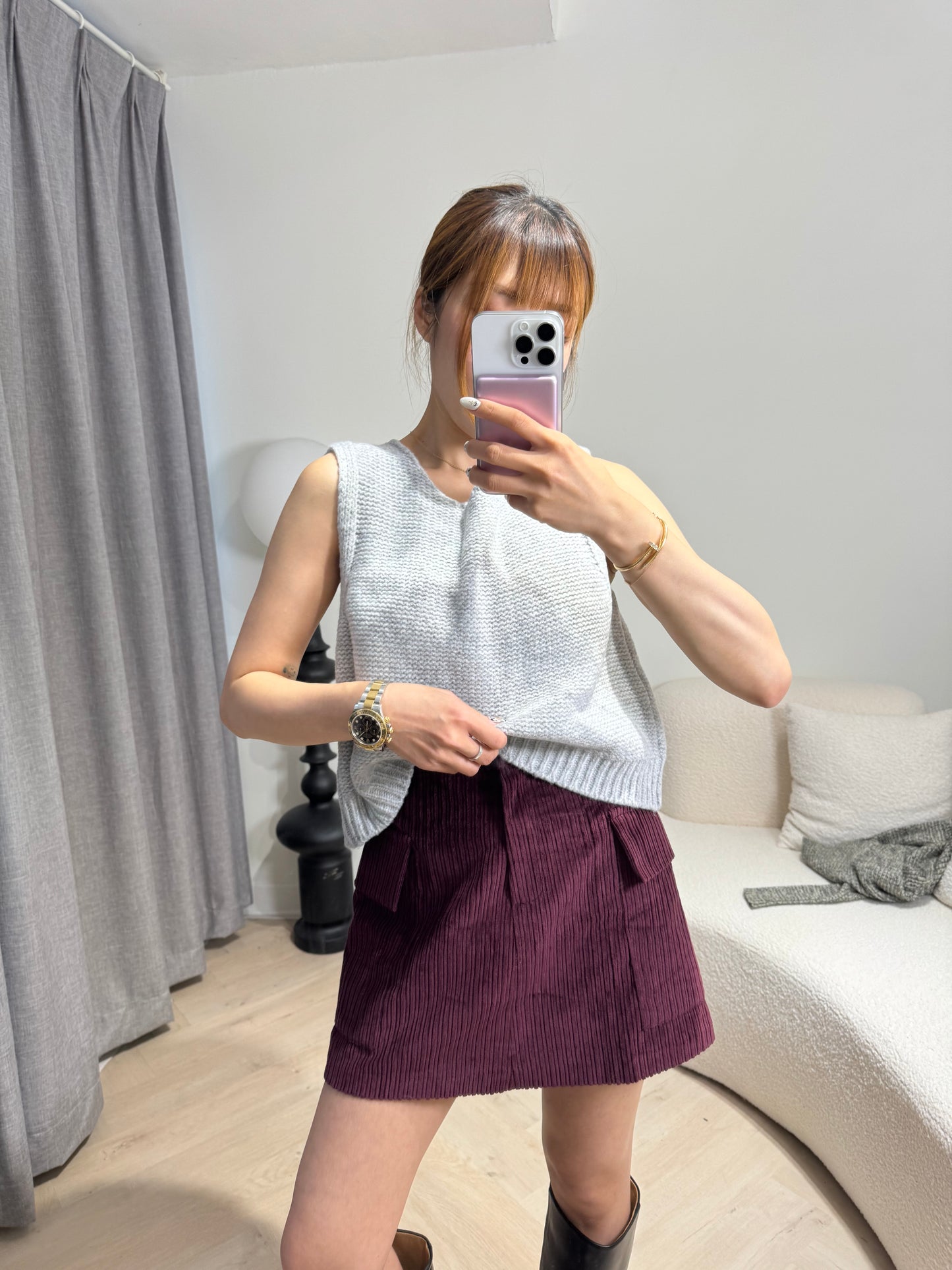 綁蝴蝶背心冷外套 ( 寶藍/灰 )