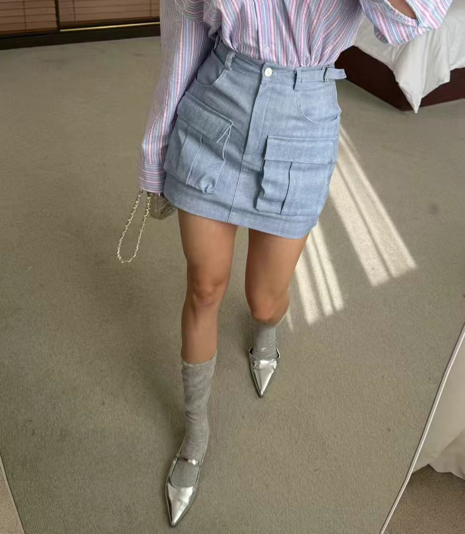 雙扣有口袋短裙褲 ( 米/藍 )