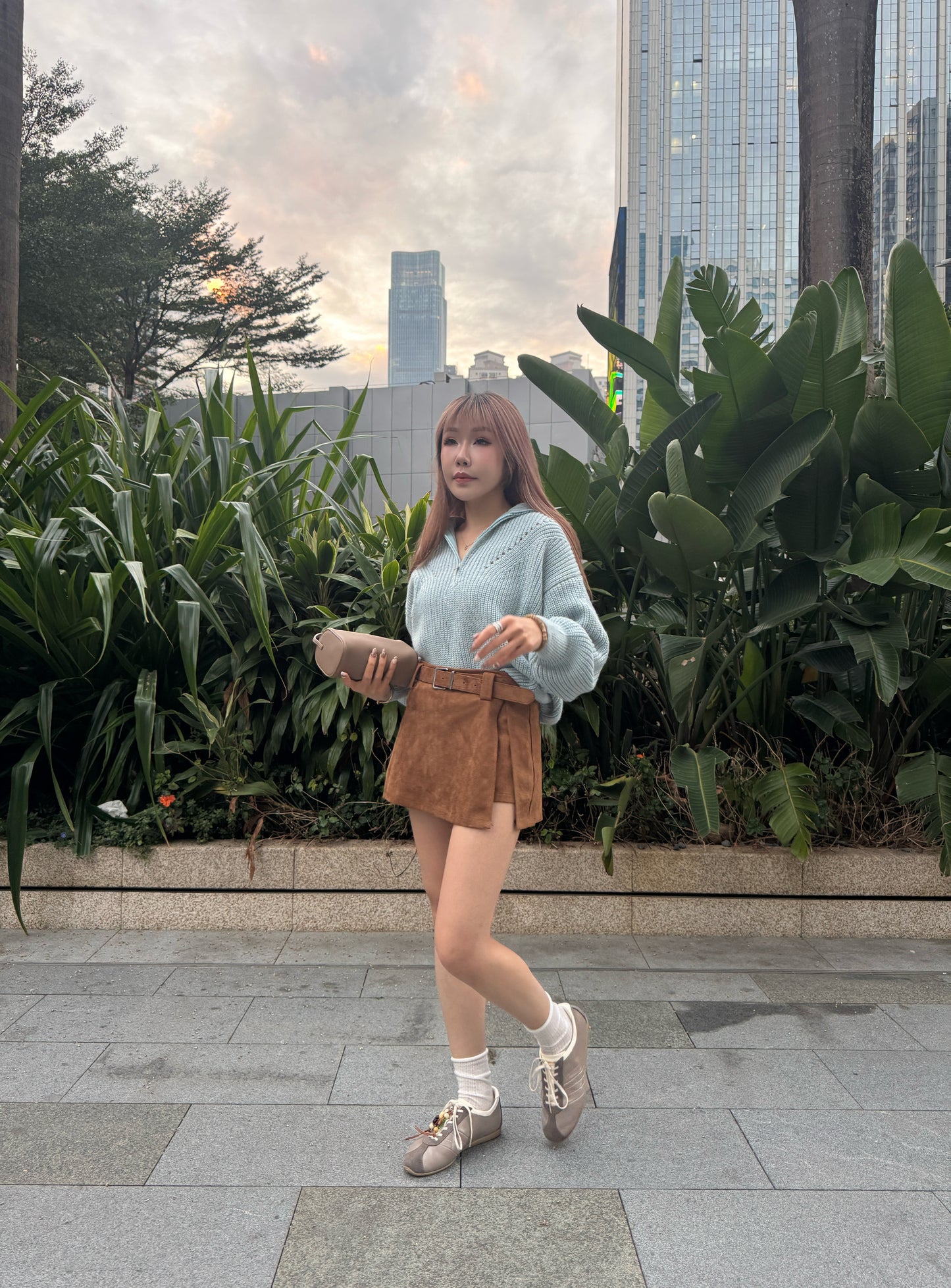 連BELT麂布開叉裙褲 ( 灰/啡 )