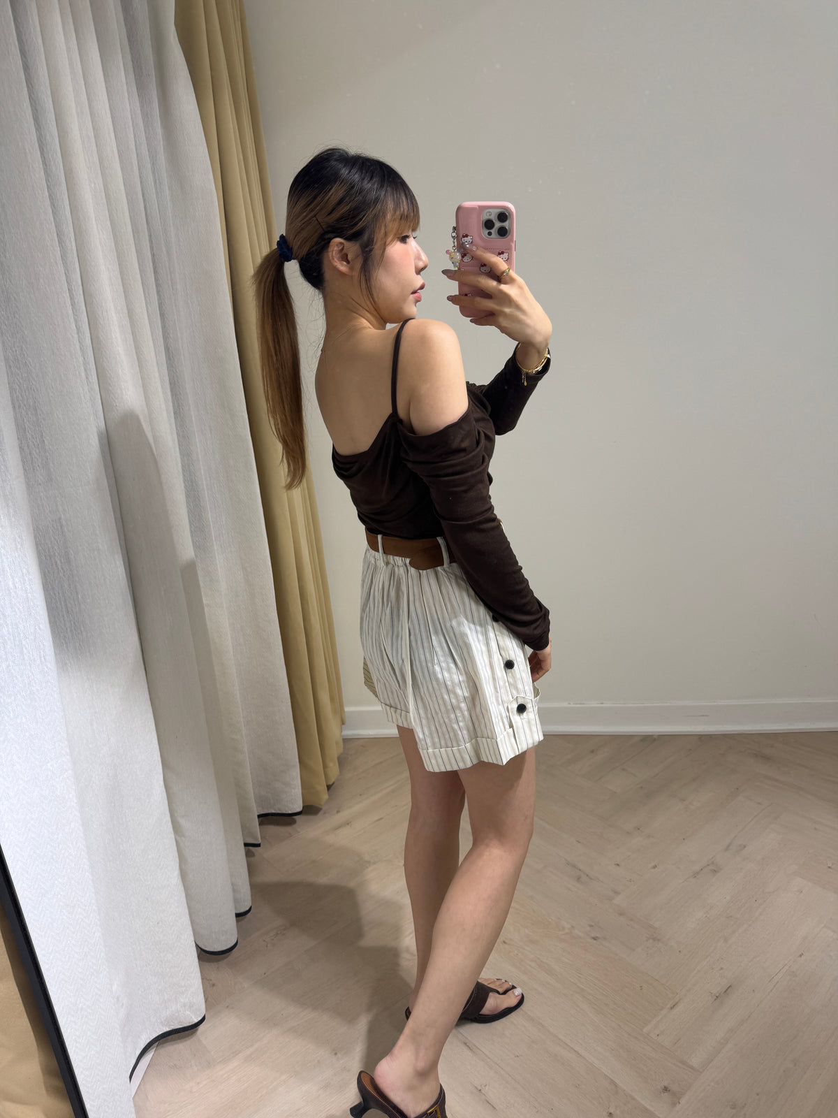 直紋反摺短褲 ( 杏/藍/啡 )