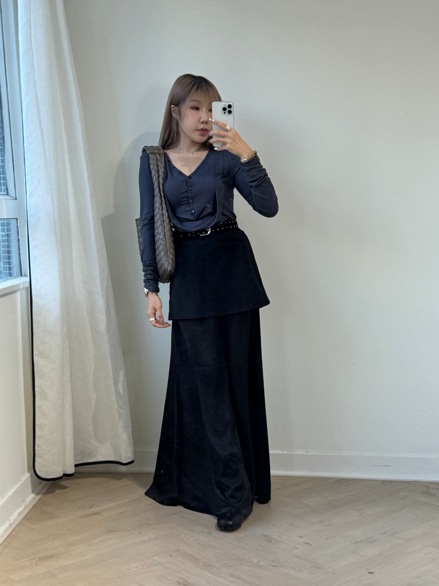 垂感鈕扣棉質上衣 ( 黑/深灰 )